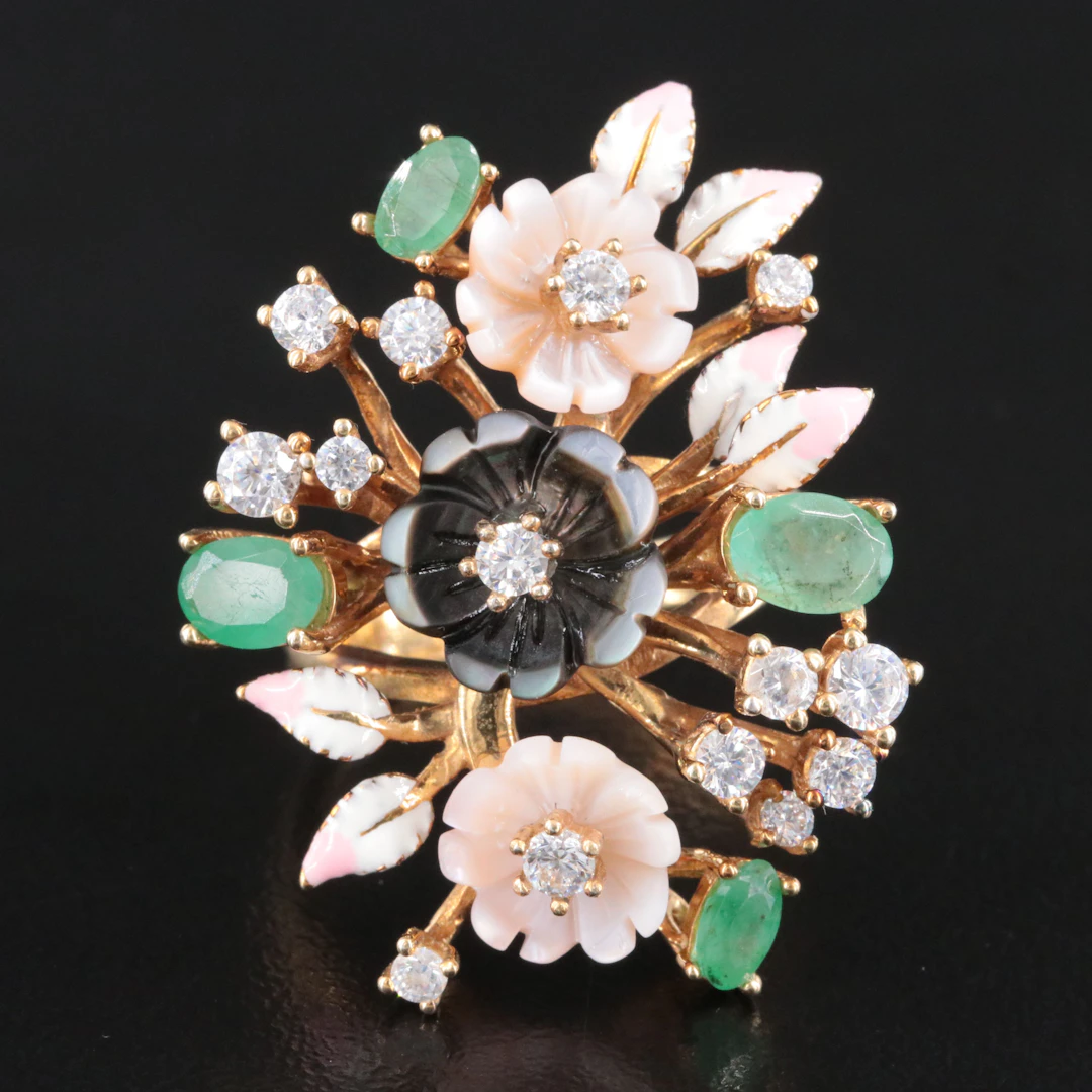 Sterling Floral Cluster Ring with CZ, Mother-of-Pearl and Emerald