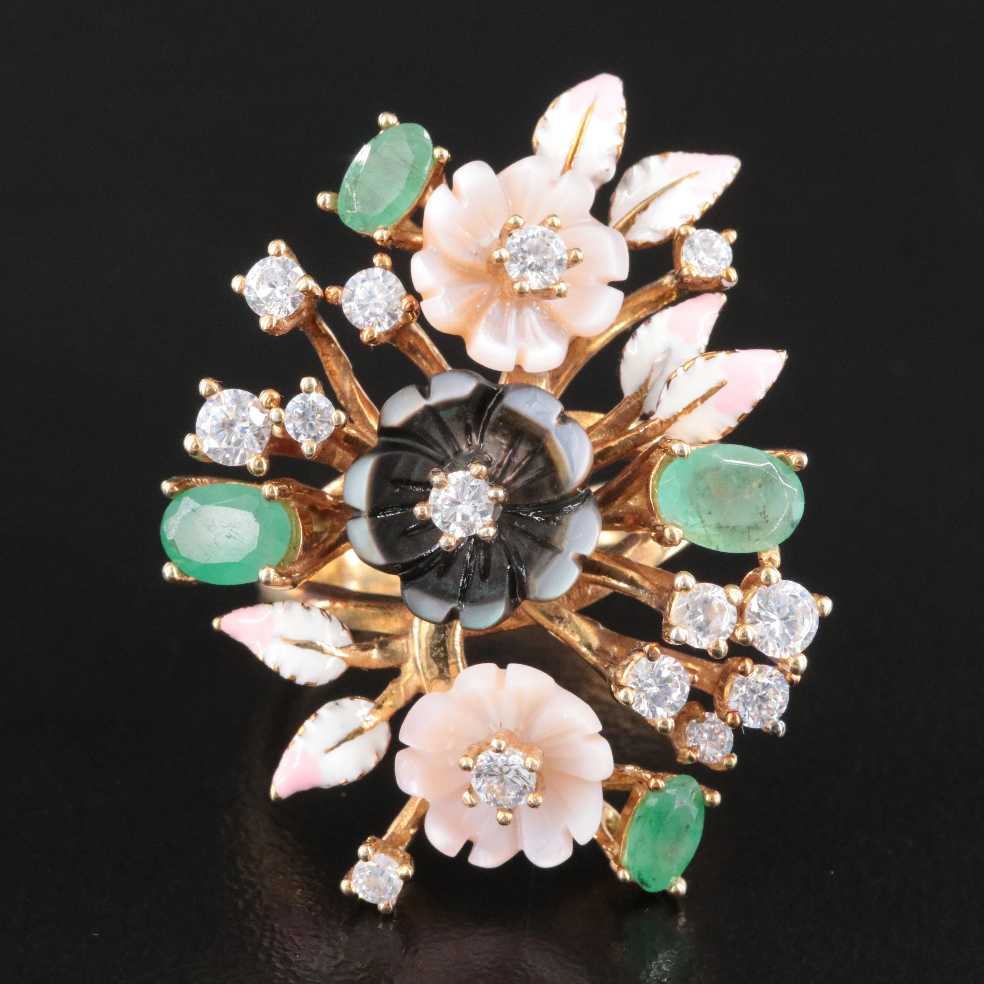 Sterling Floral Cluster Ring with CZ, Mother-of-Pearl and Emerald