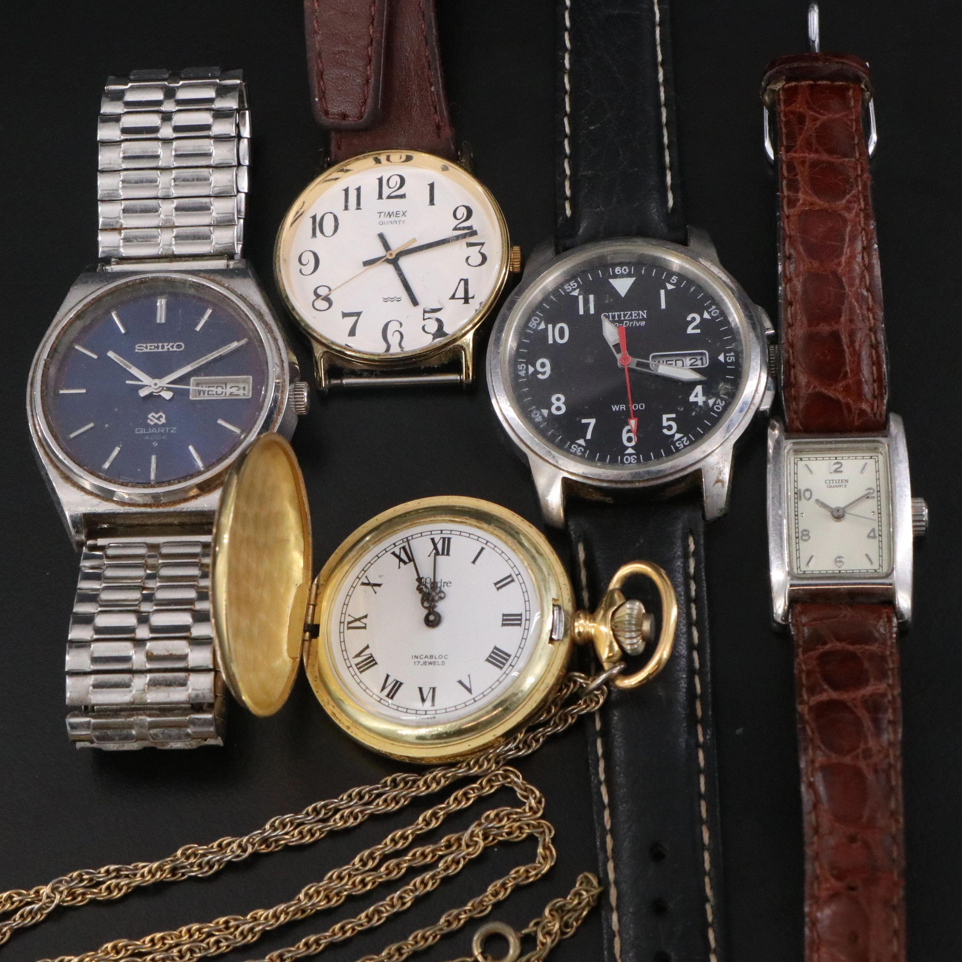Seiko, Citizen and Timex Quartz Watches with Pedre Pocket Watch