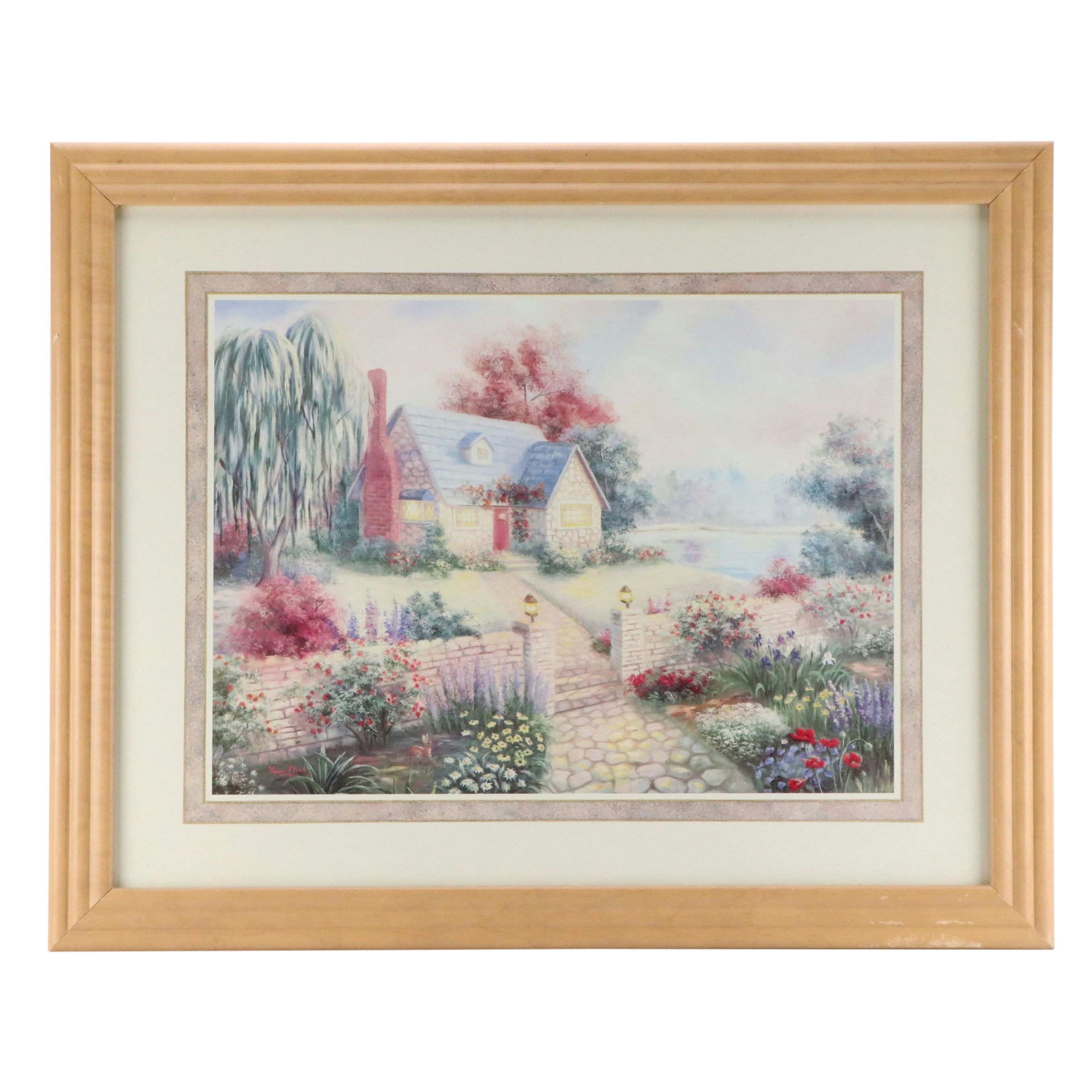 After Vivian Flasch Offset Lithograph of Idyllic Cottage