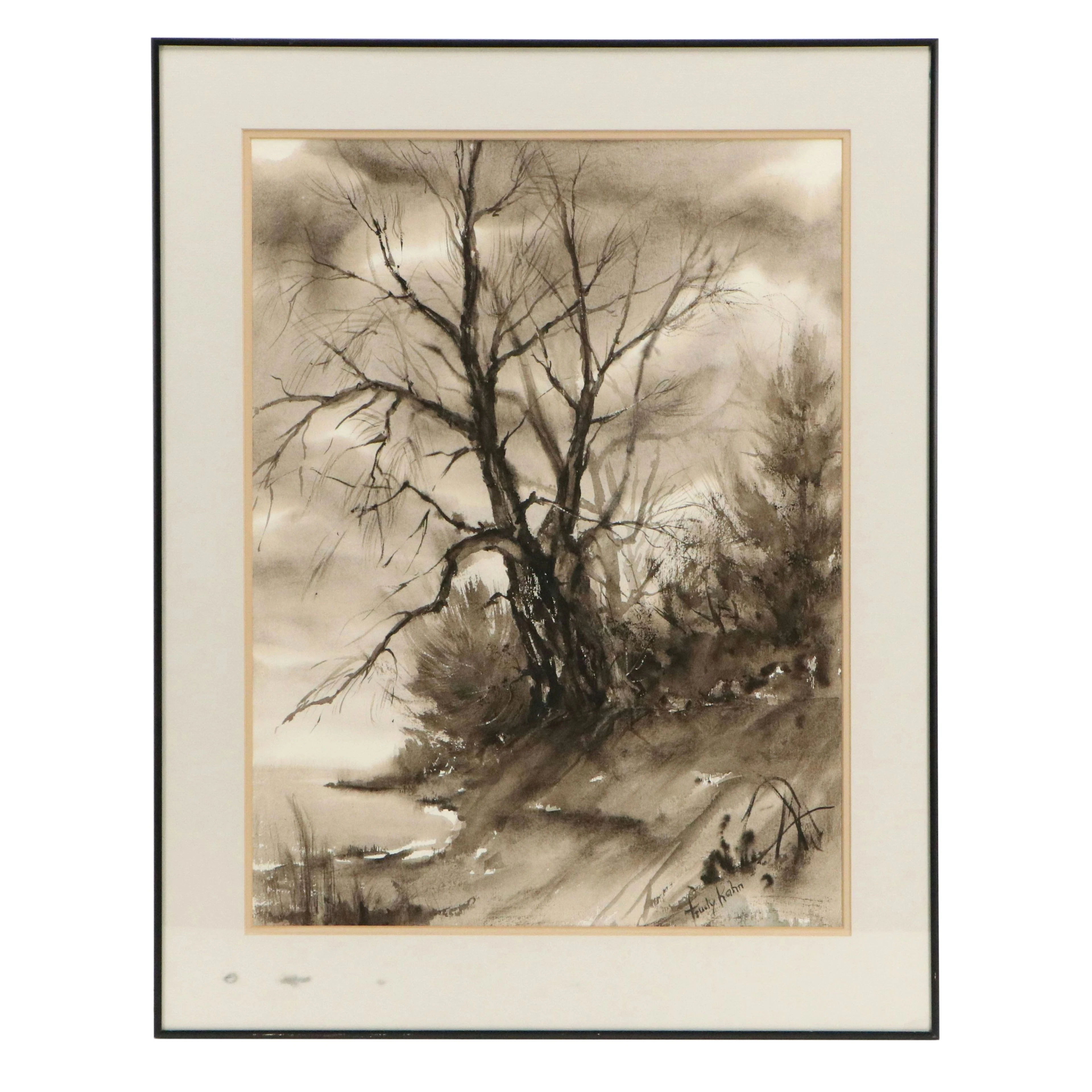Trudy Kahn Stylized Ink Wash Painting of Waterside Landscape