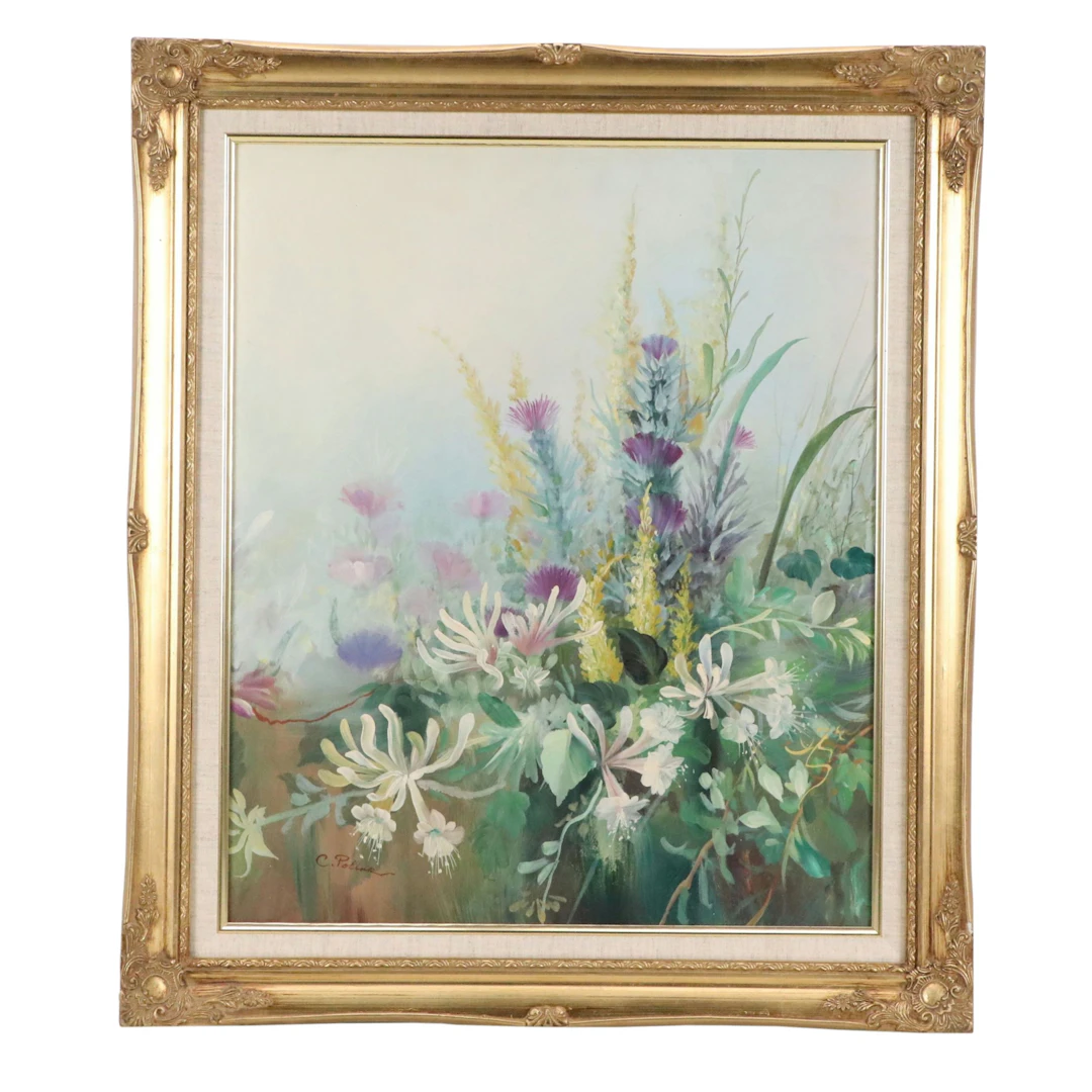 C. Pollak Acrylic Painting of Misty Wild Florals, 21st Century