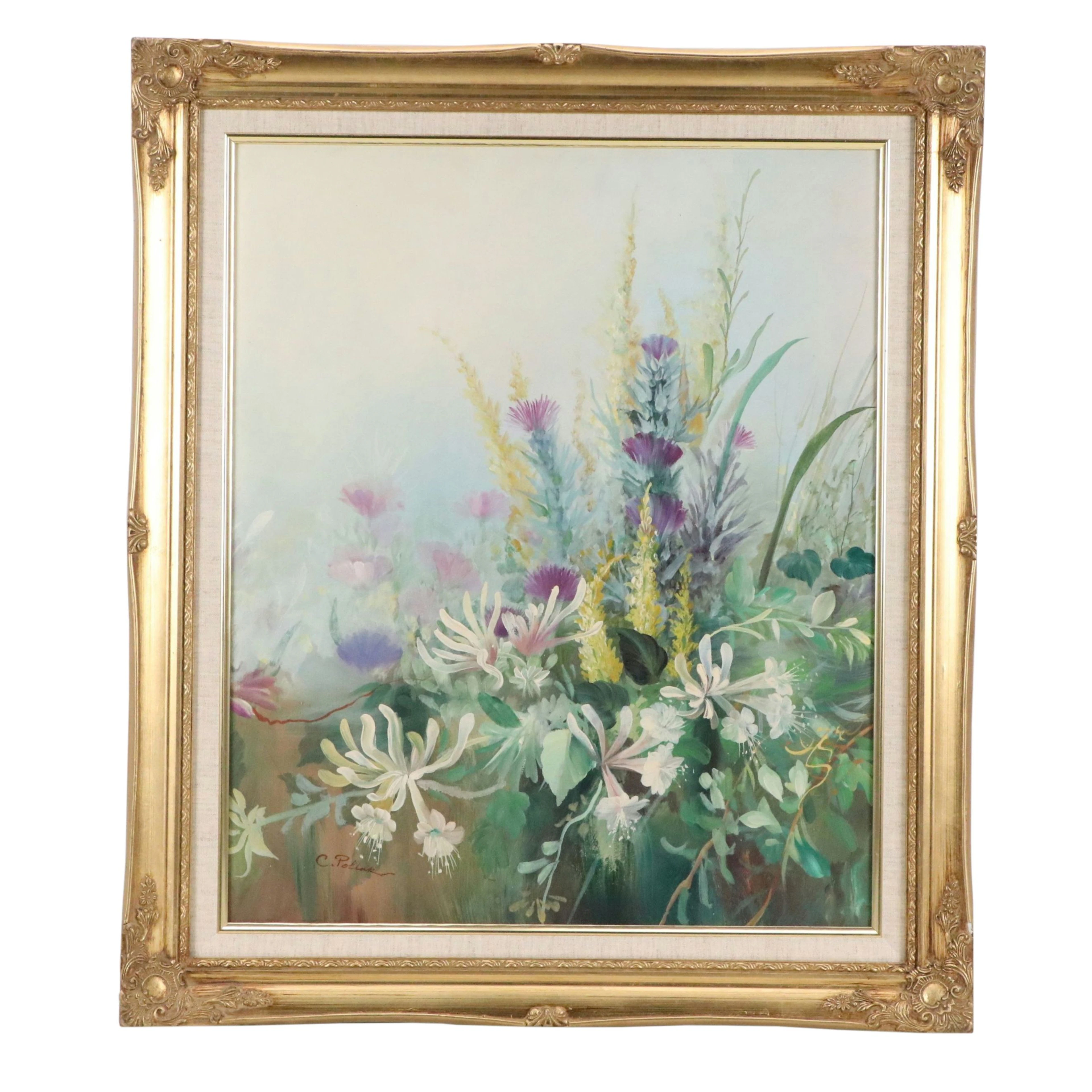 C. Pollak Acrylic Painting of Misty Wild Florals, 21st Century
