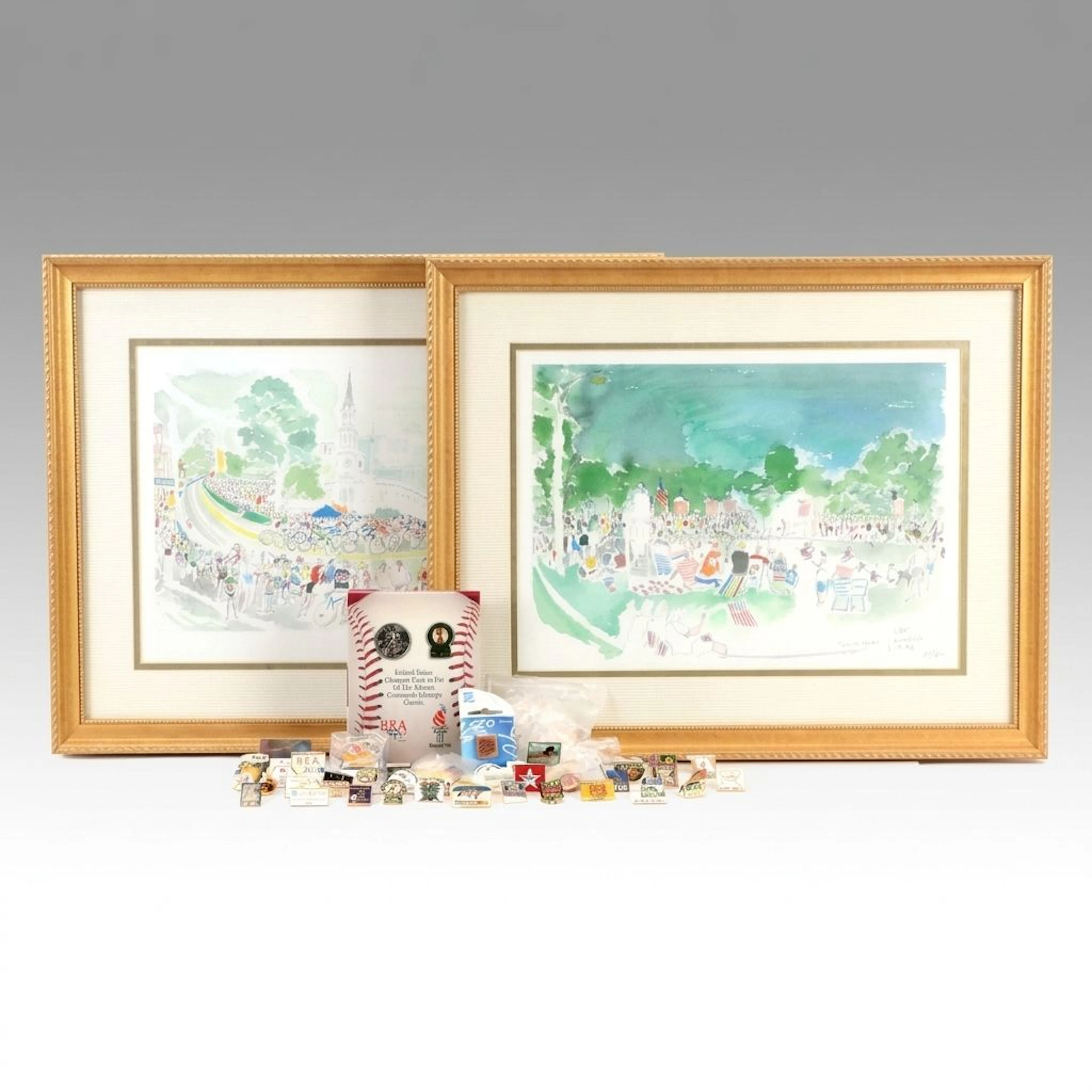 Pair of 1996 Olympic Digital Prints by Marc Ahr and Collection of Enamel Pins