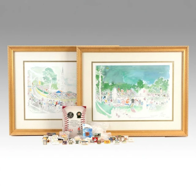 Pair of 1996 Olympic Digital Prints by Marc Ahr and Collection of Enamel Pins