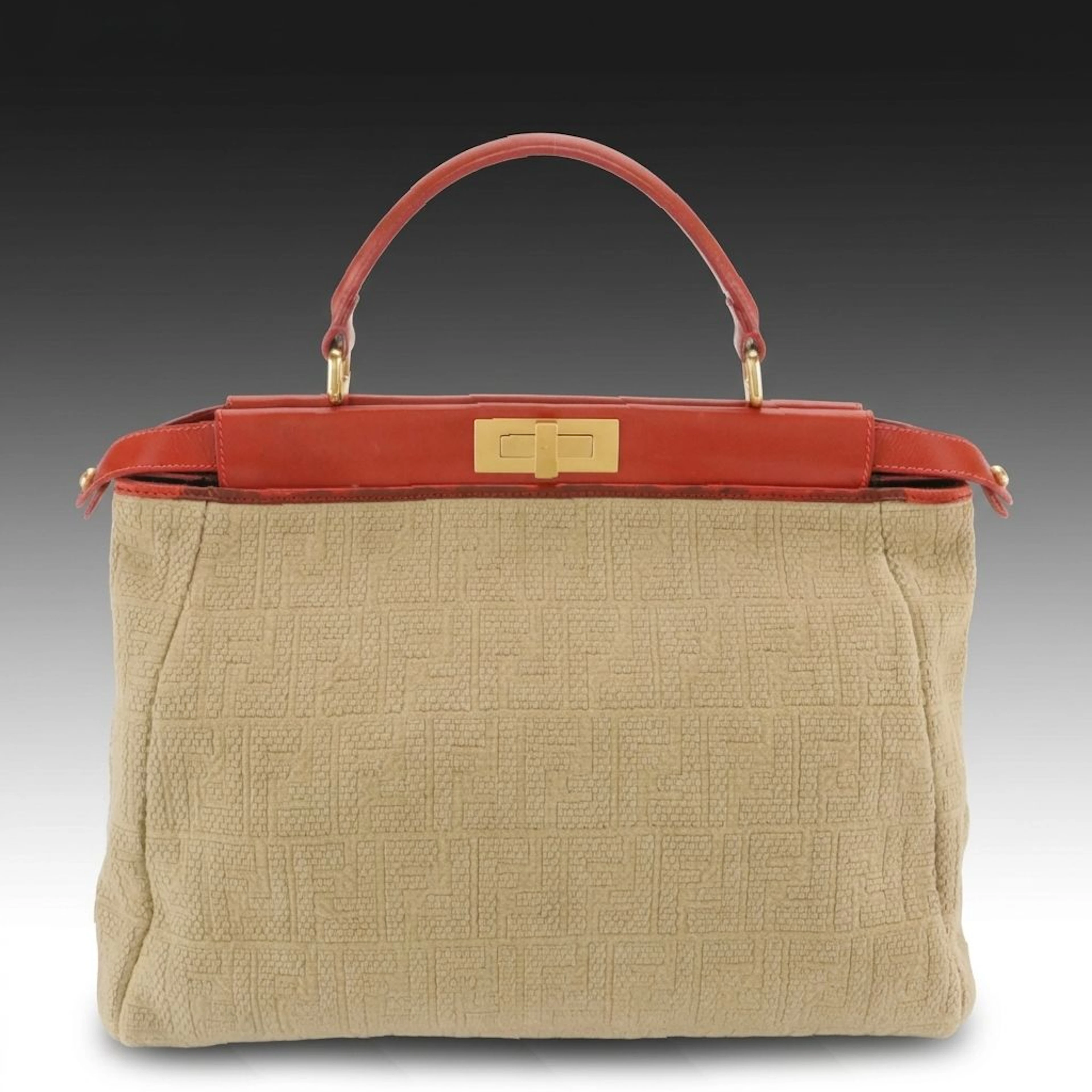 Fendi Large Peekaboo Two-Way Bag in Beige Zucca Canvas and Red Leather Trim