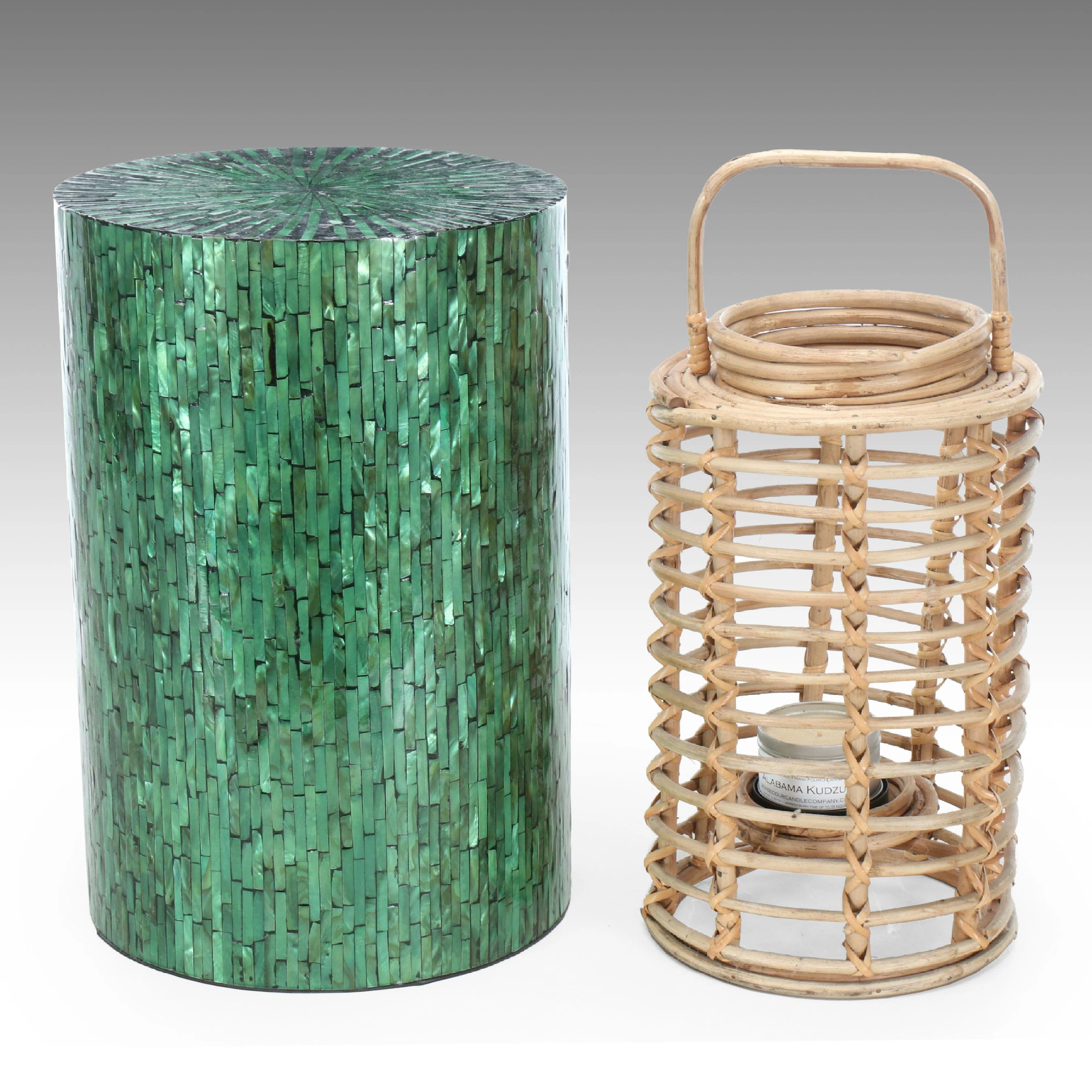 Contemporary Green Capiz Shell Inlay Pedestal and Woven Rattan Lantern