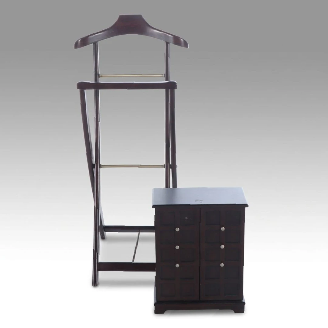 Mahogany Finish Jewelry Cabinet with Folding Valet Stand