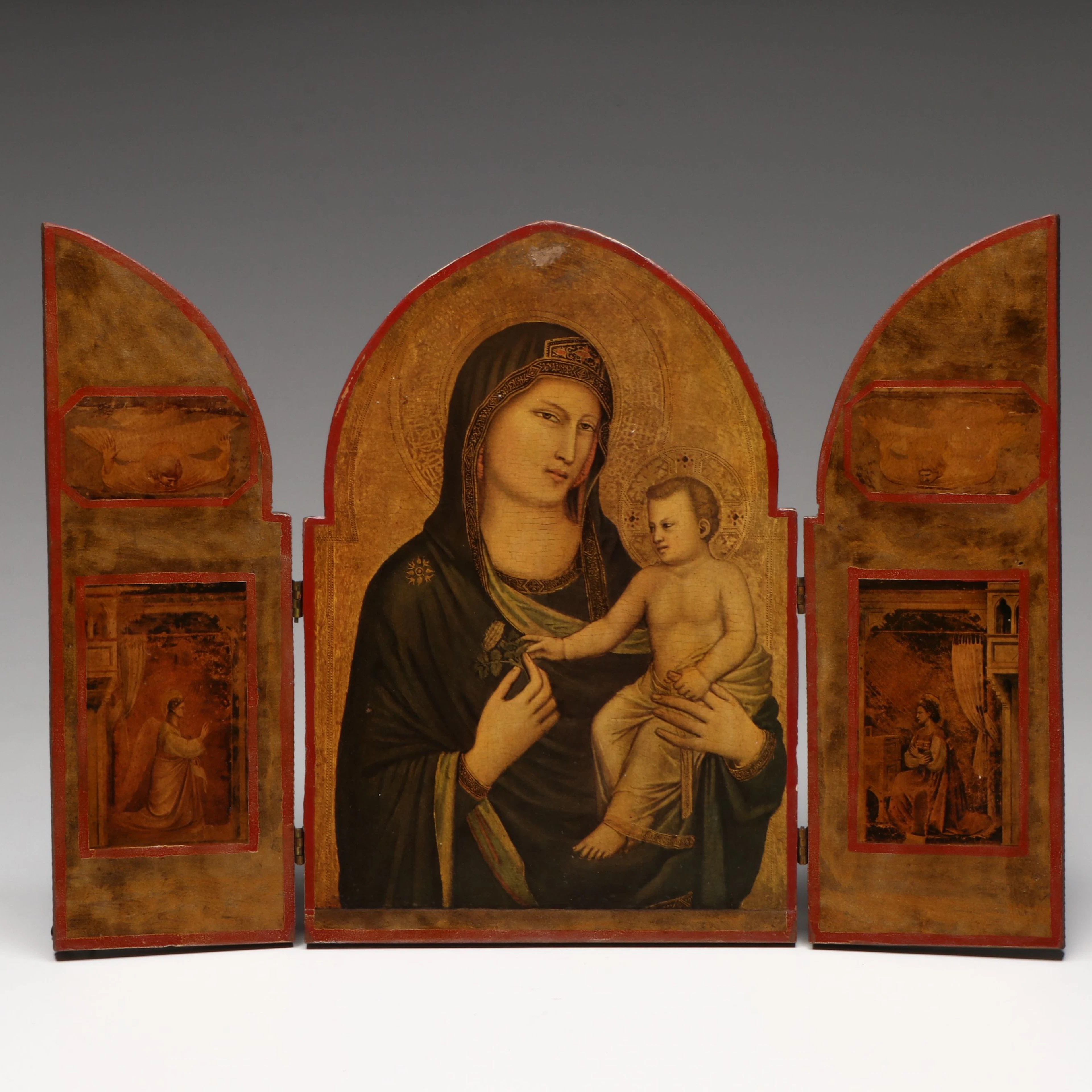 After Giotto di Bondone Italian Style Wooden Triptych "Madonna and Child"