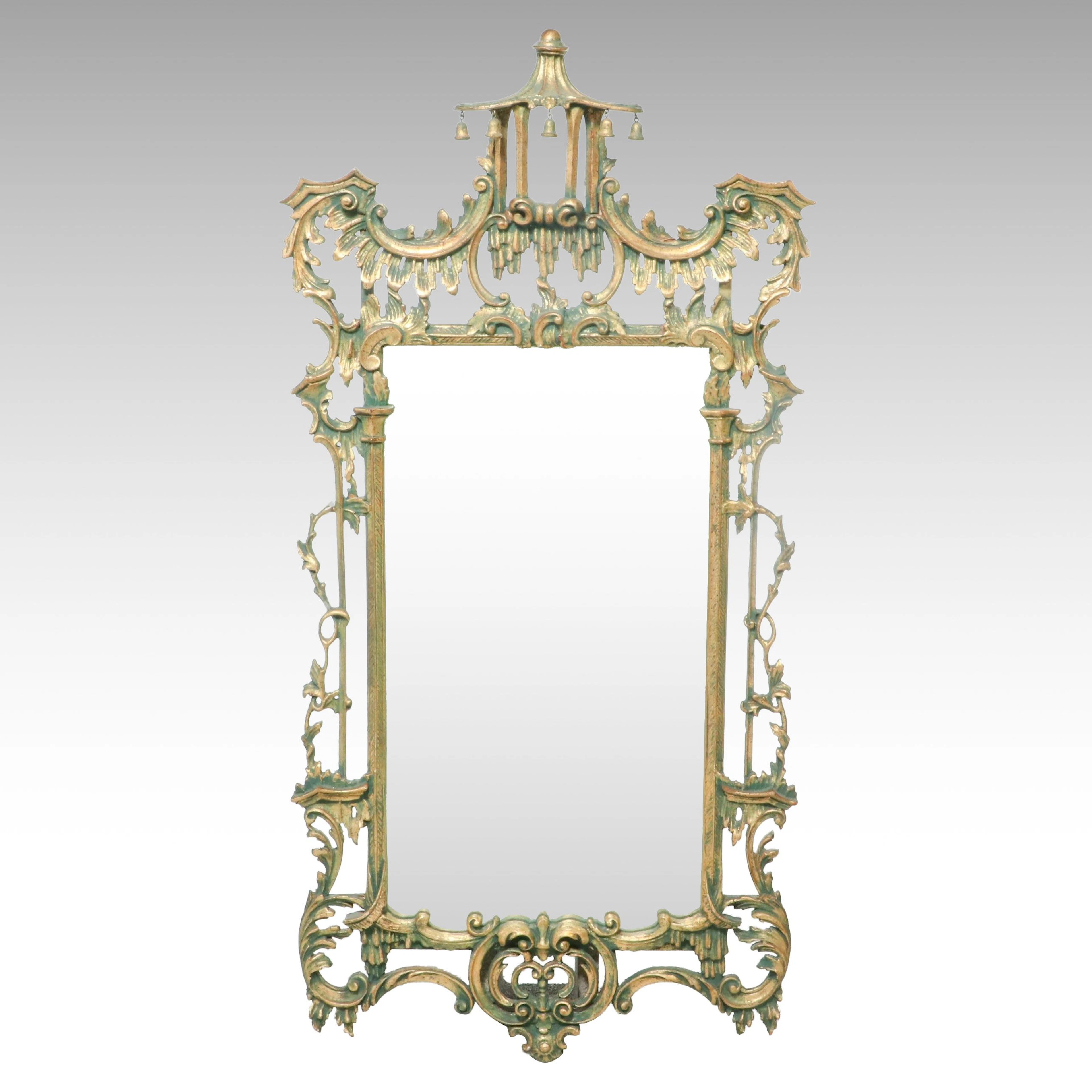 Italian Chinese Chippendale Pagoda Giltwood and Verdigris Wall Mirror