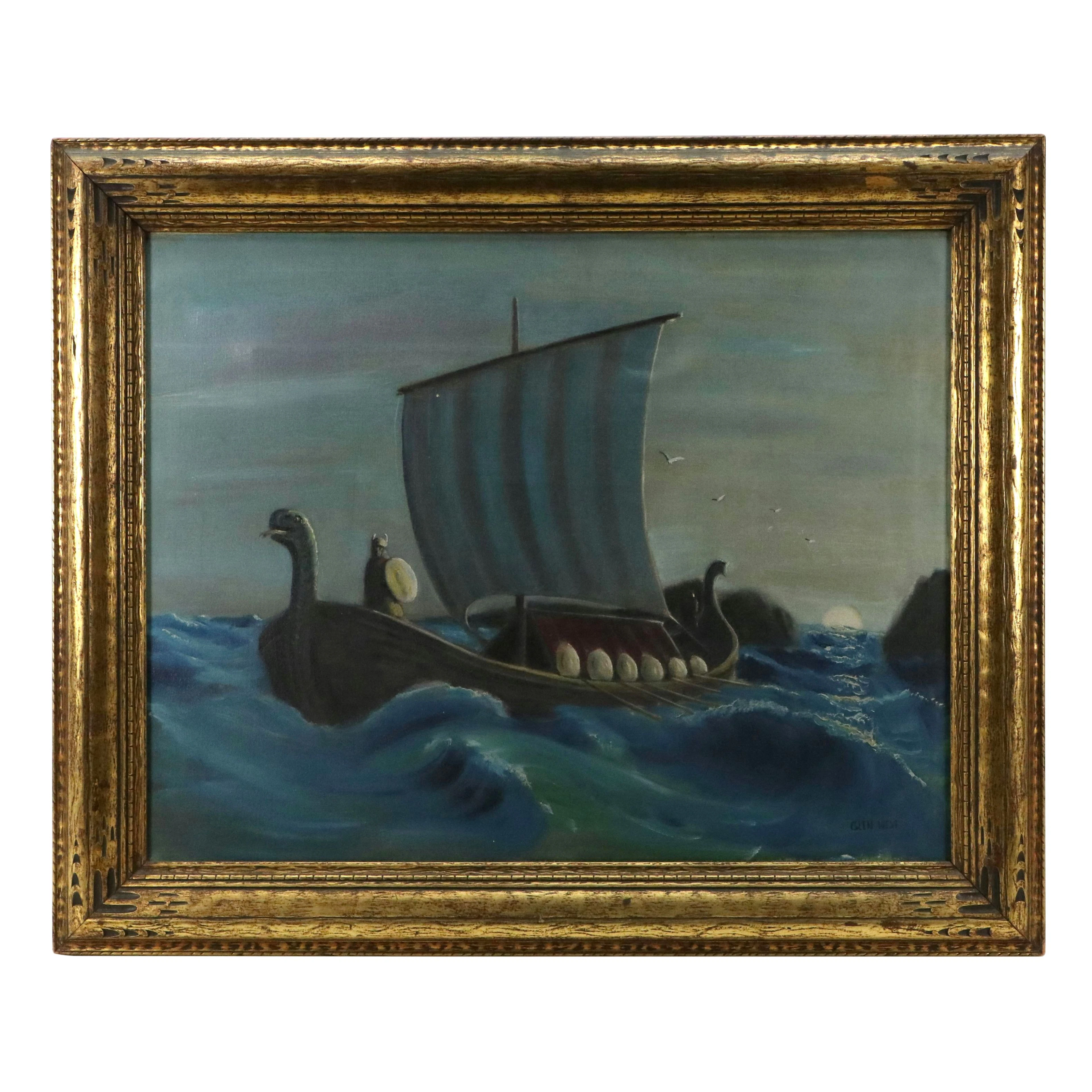 Glen West Oil Painting of Viking Long Ship, Mid to Late 20th Century