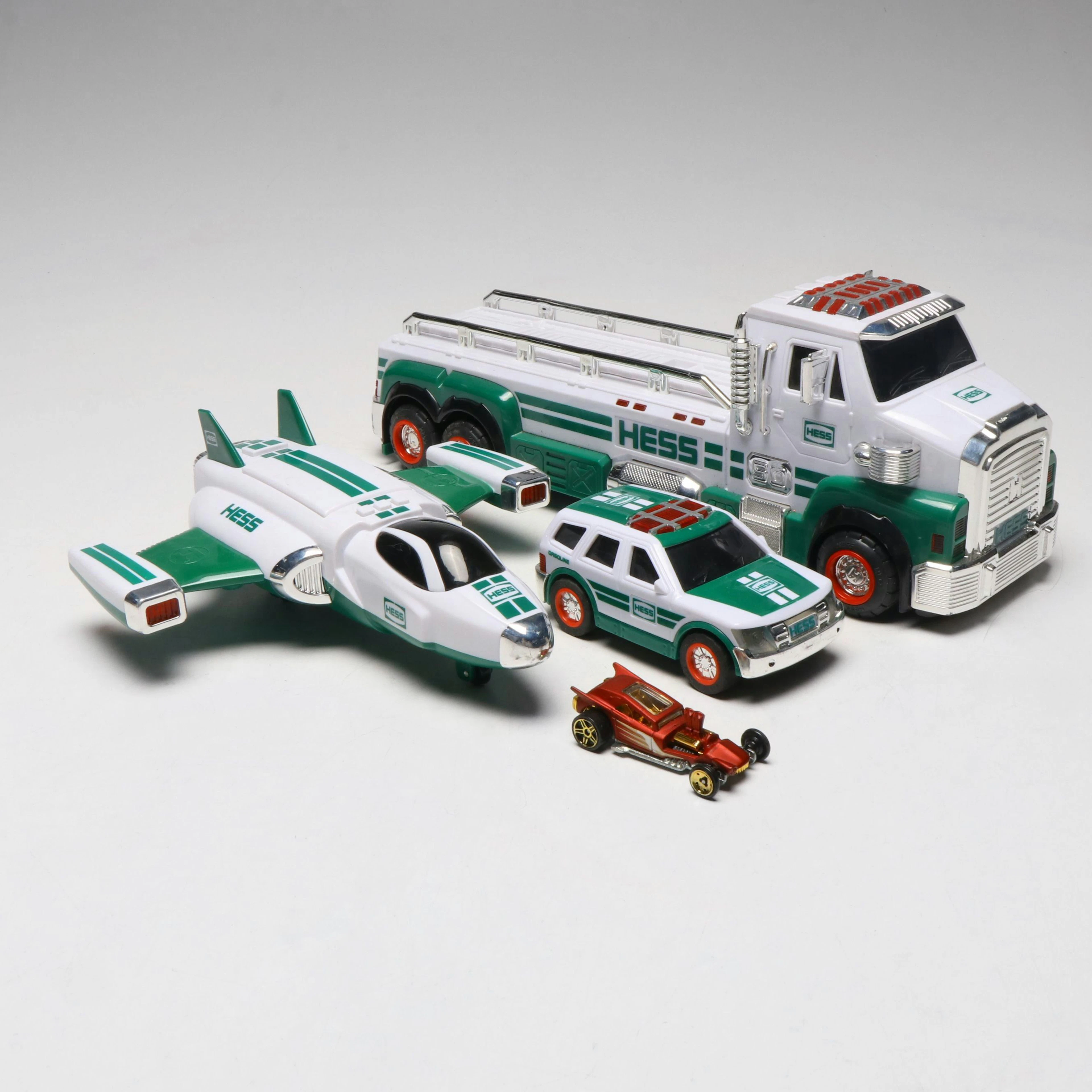 Hess Toy Truck, SUV, and Jet with Hot Wheels Car