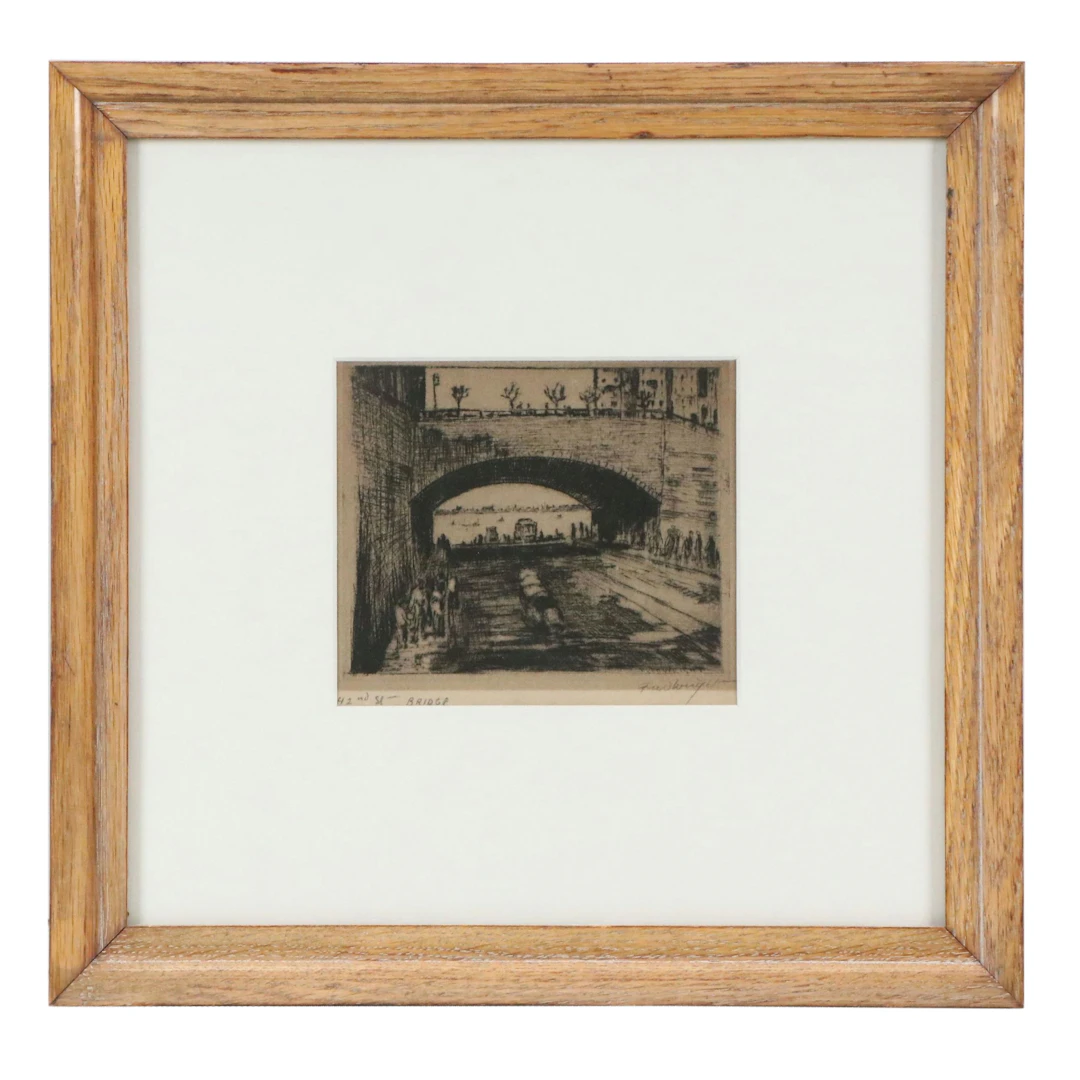 Fred Wright Etching "42nd St. Bridge," Circa Early 20th Century