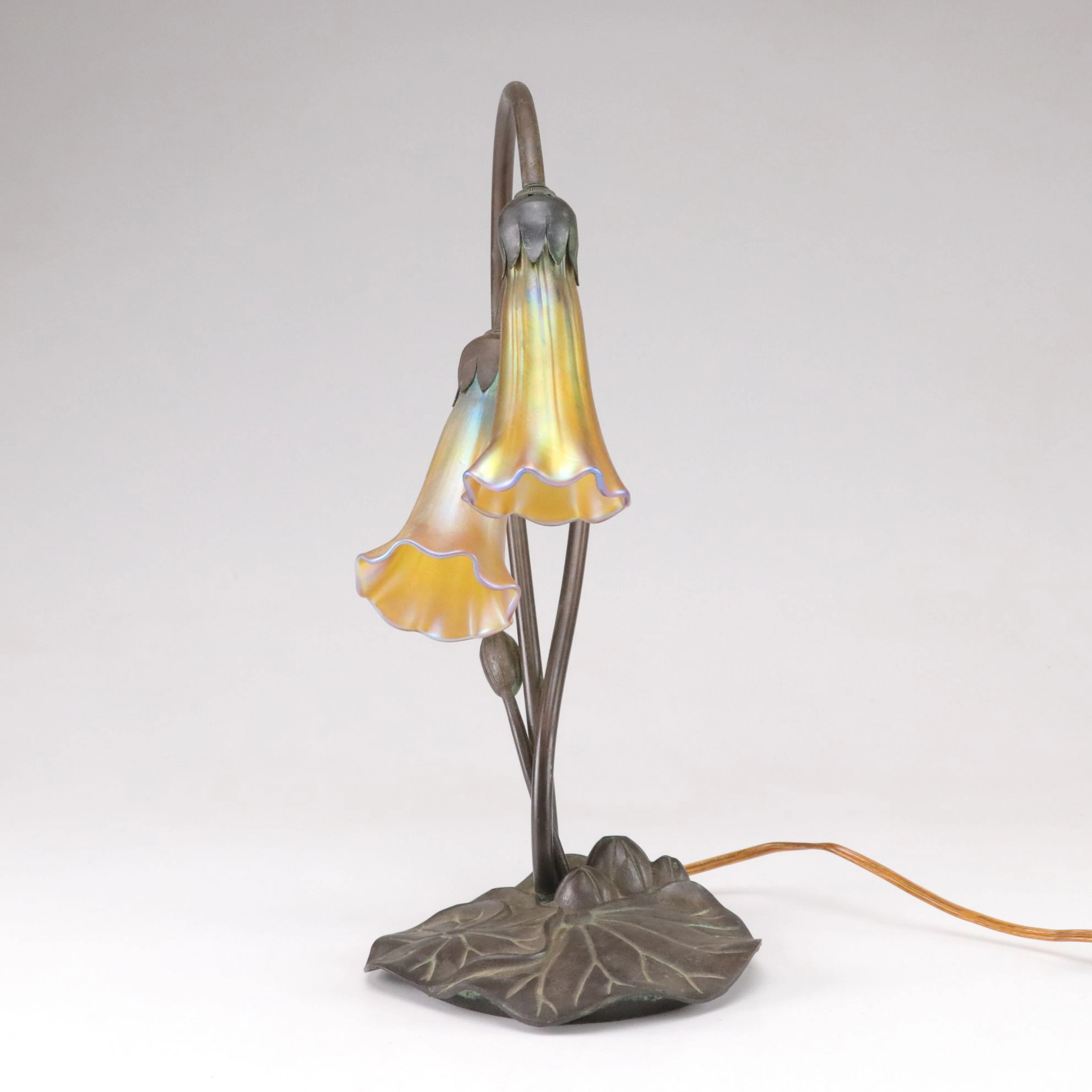 Art Nouveau Style Water Lily Lamp with Iridescent Trumpet Shades, Vintage