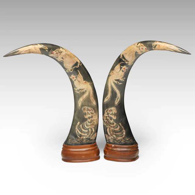 Asian Hand-Carved Water Buffalo Horns, Mid to Late 20th Century
