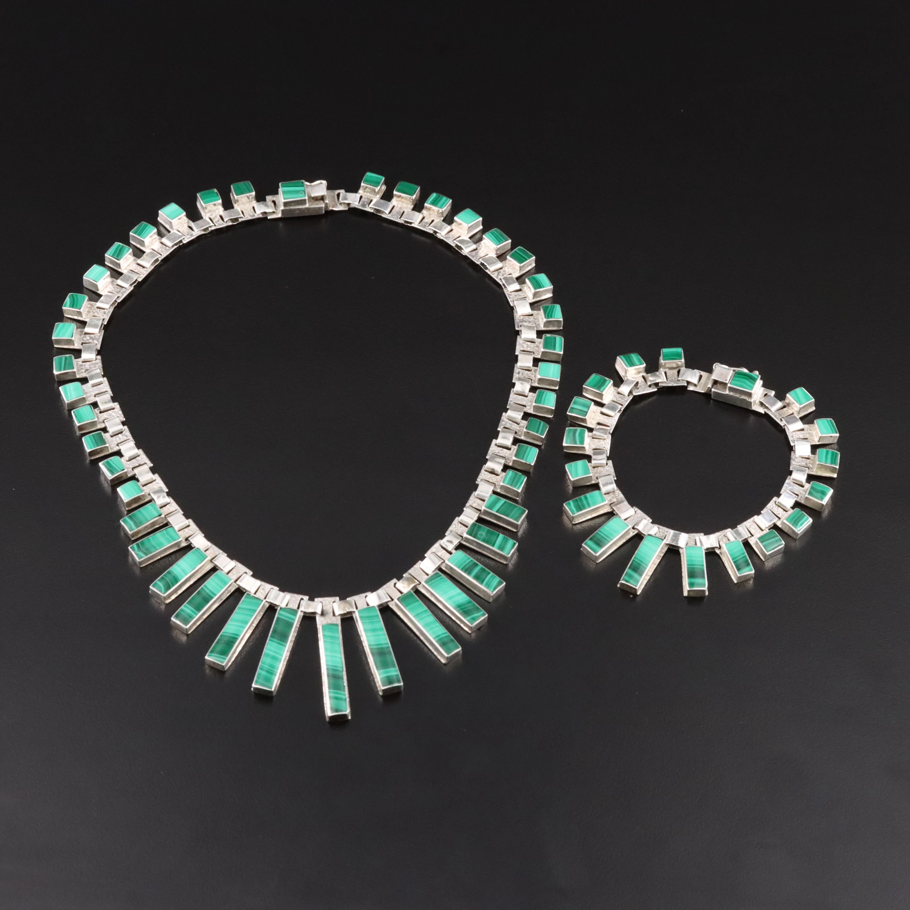 Chilean 950 Silver Malachite Necklace & Bracelet Set