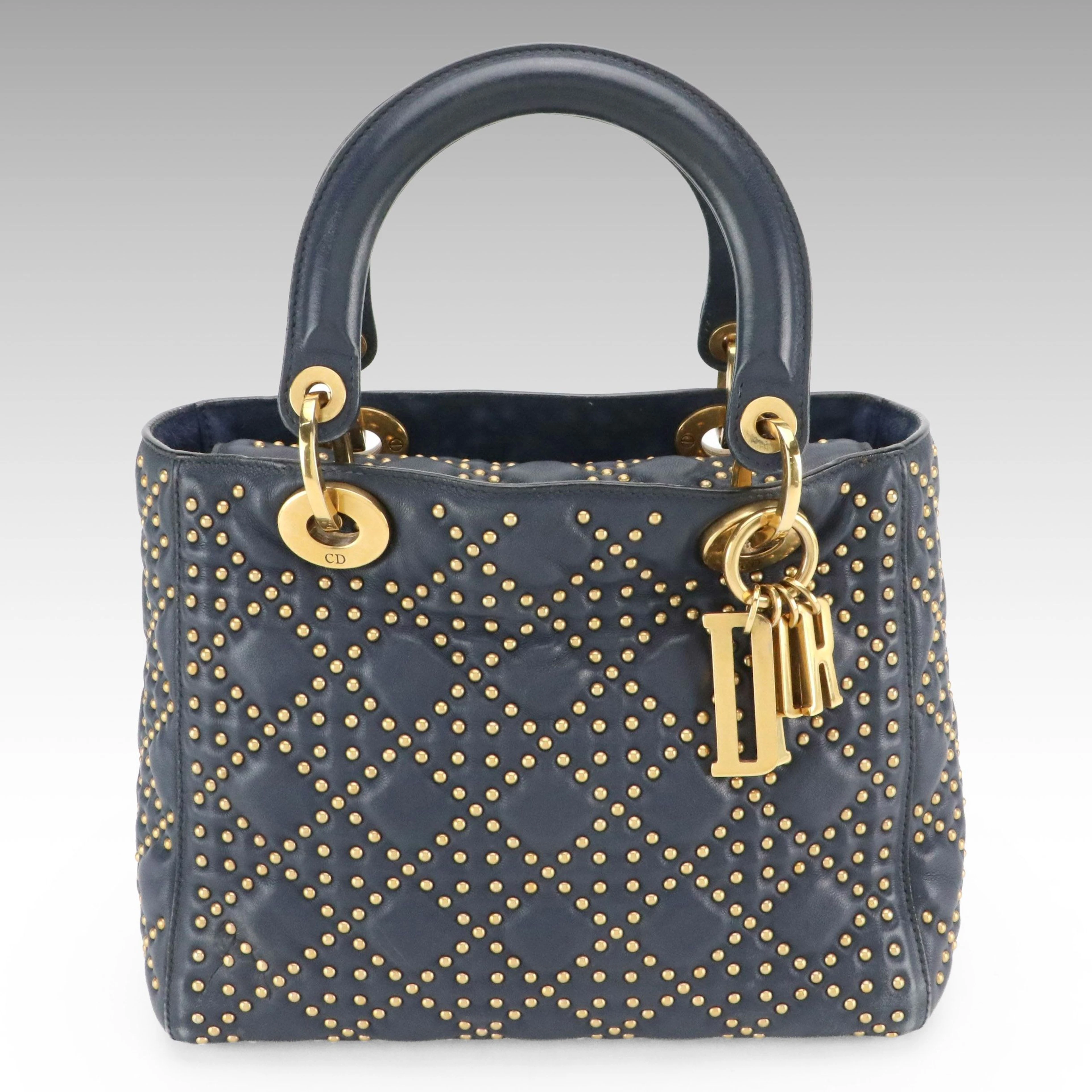 Christian Dior Lady Dior Two-Way Bag in Blue Cannage Studded Lambskin Leather