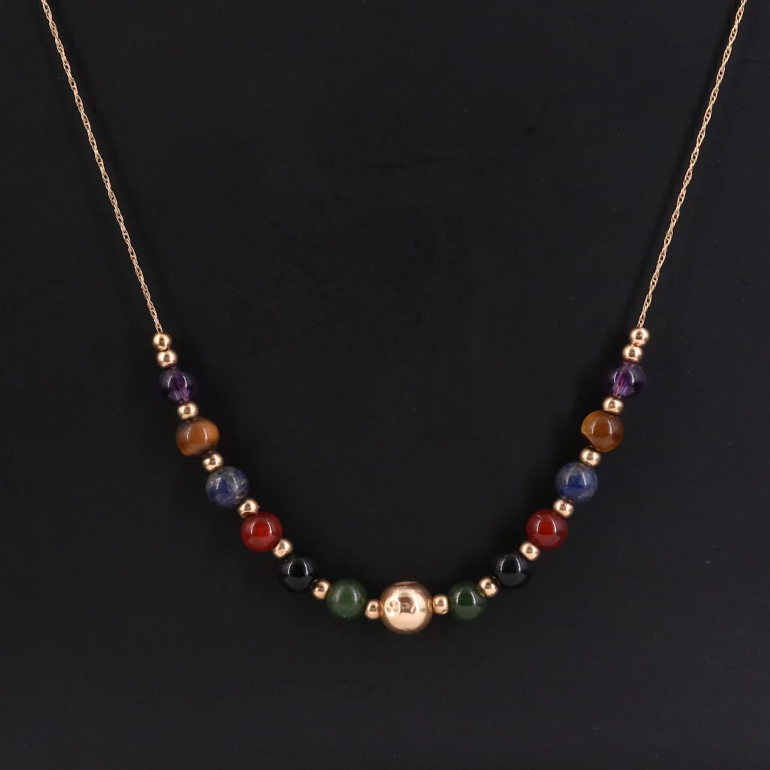 14K Black Onyx, Nephrite, Amethyst, Lapis Lazuli and Carnelian Bead Necklace
