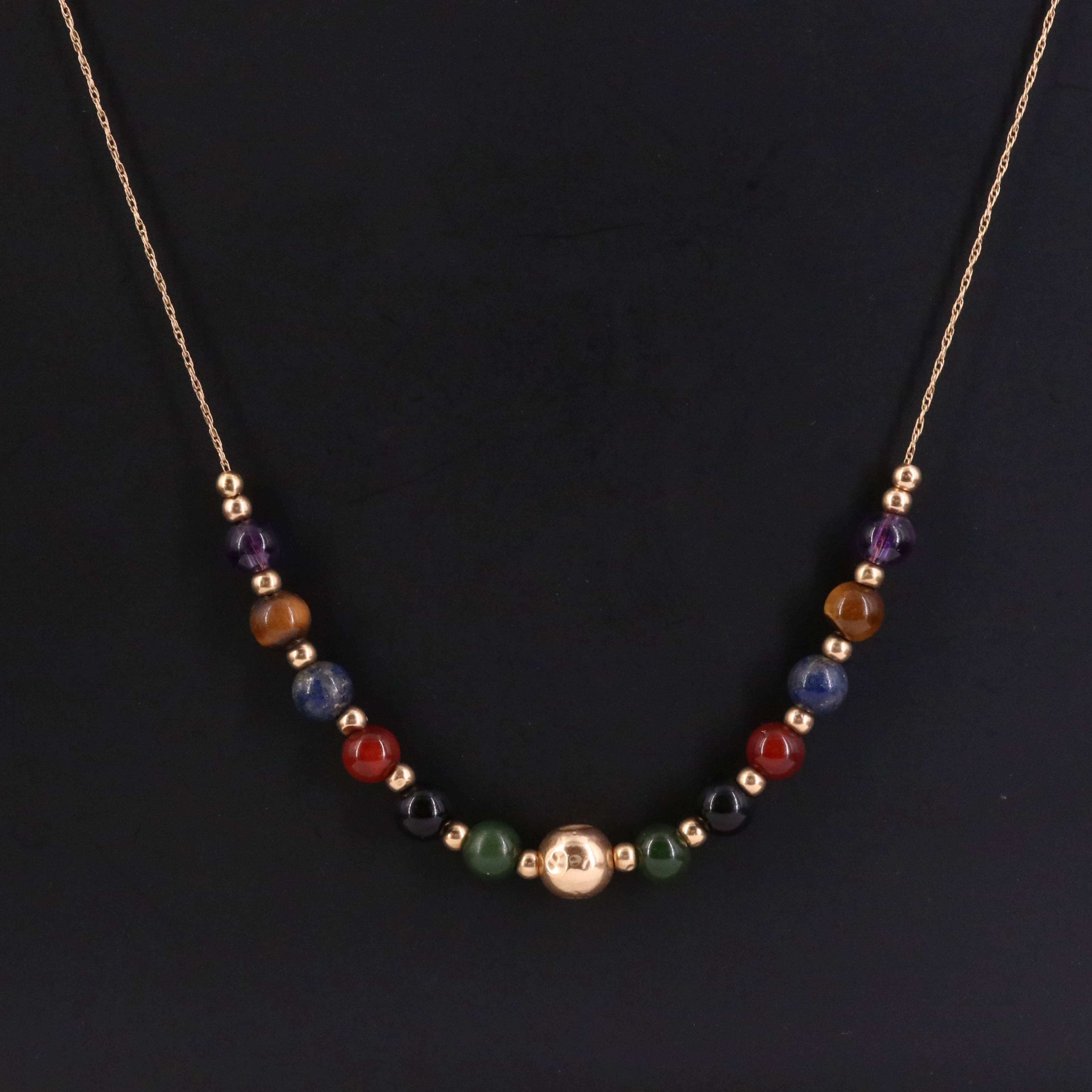 14K Black Onyx, Nephrite, Amethyst, Lapis Lazuli and Carnelian Bead Necklace