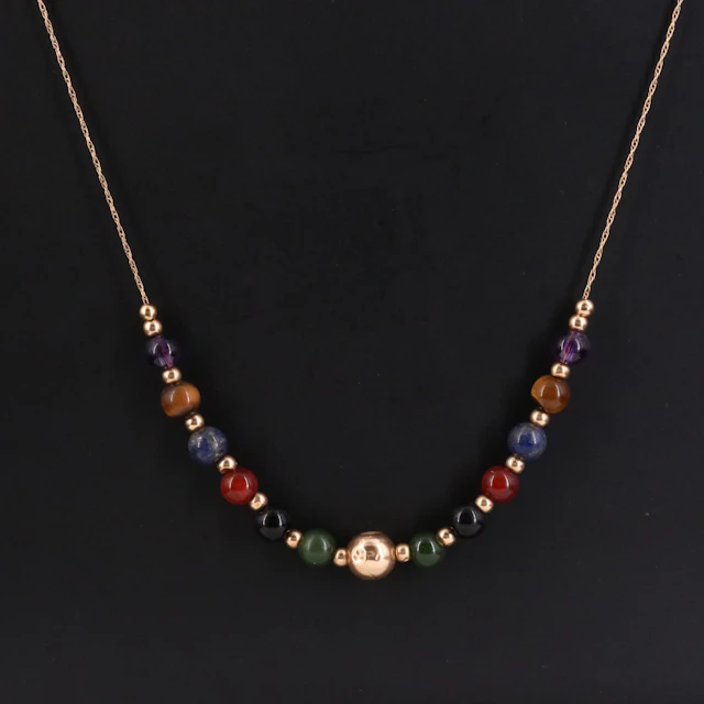 14K Black Onyx, Nephrite, Amethyst, Lapis Lazuli and Carnelian Bead Necklace