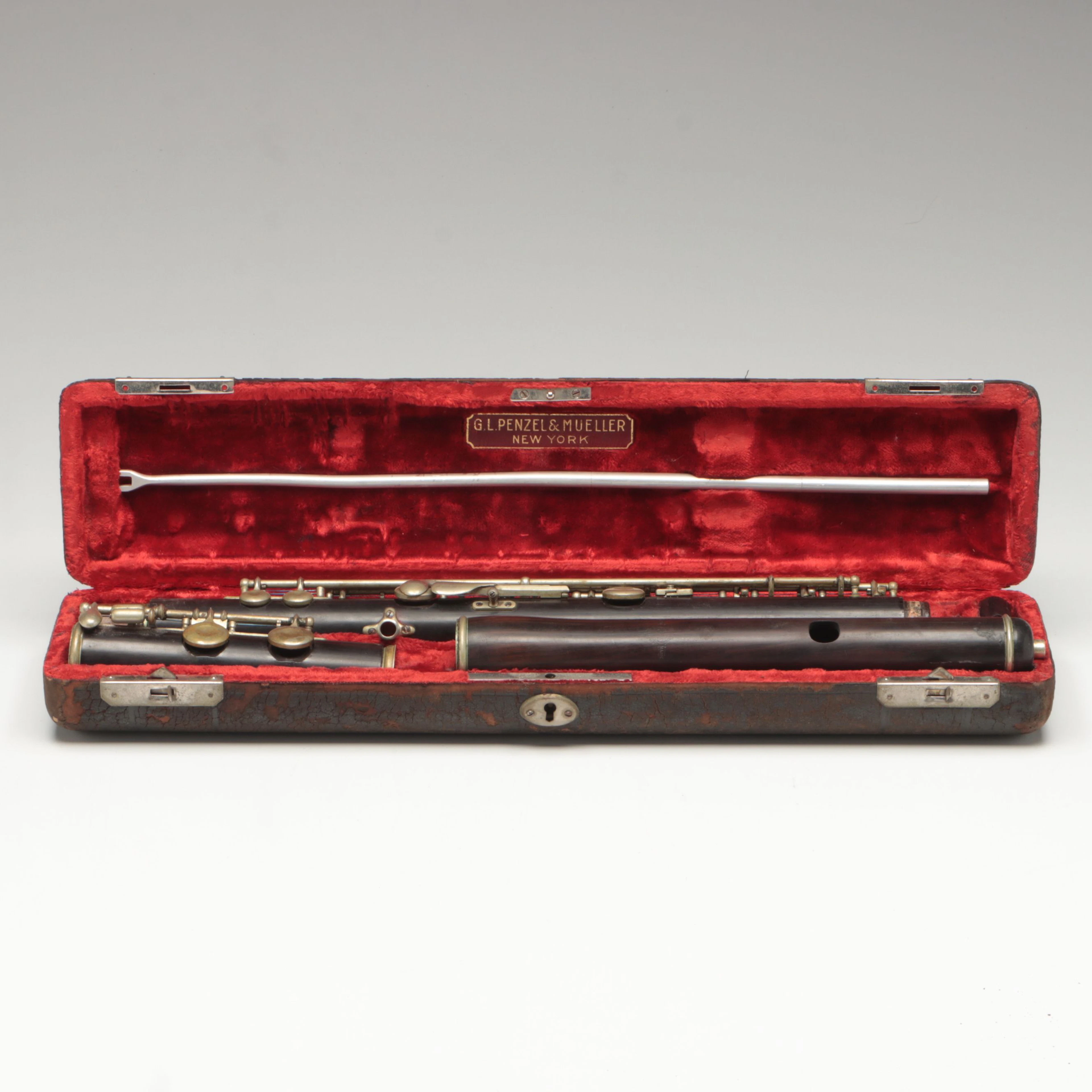 G. L. Penzel & Mueller Wood Flute with Leather Case, Antique