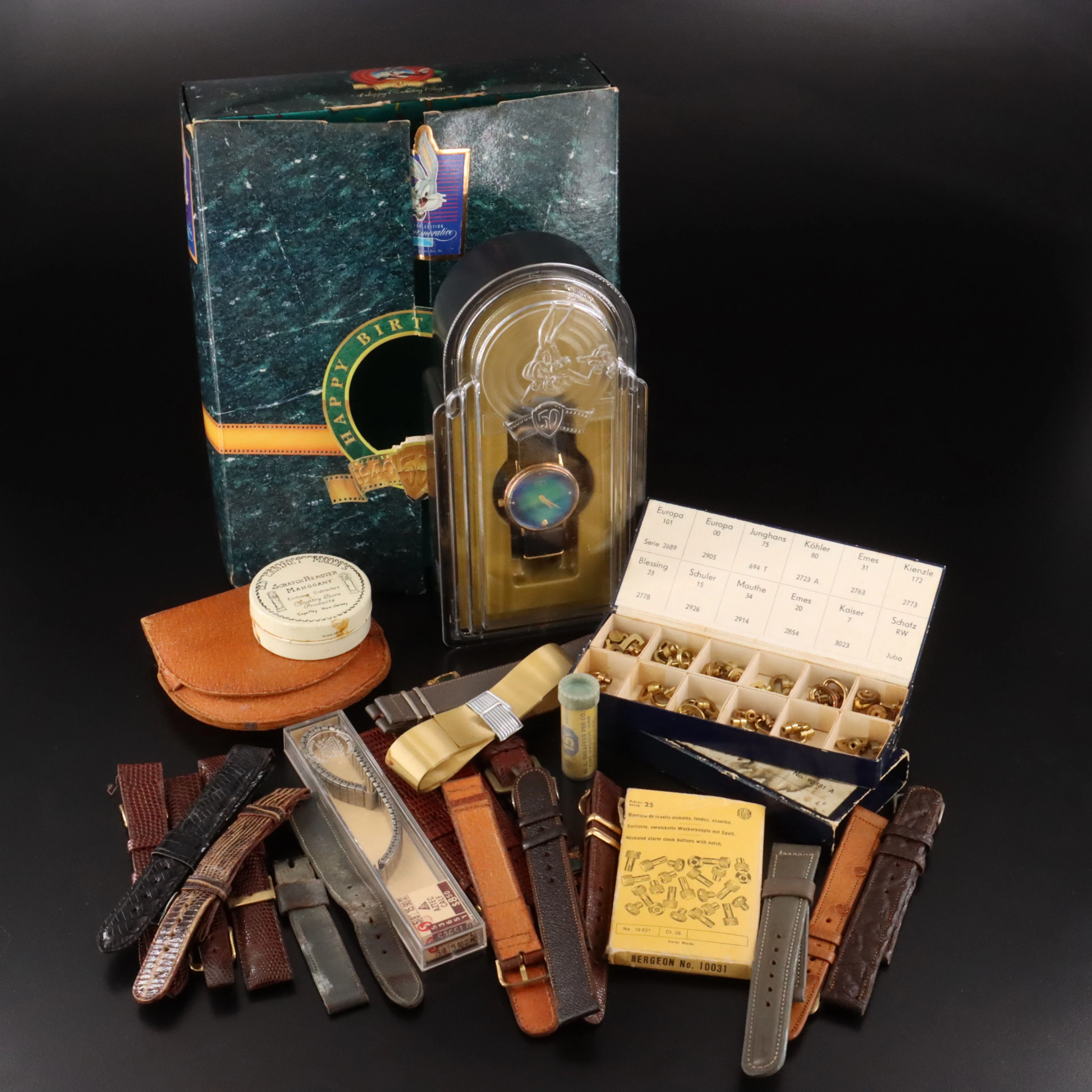 Collection of Bugs Bunny Watch, Leather Watch Case, Clock Keys and Watch Bands