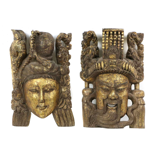 Southeast Asian Carved Wood Parcel Gilt Guanyin and Guan Yu Wall Masks