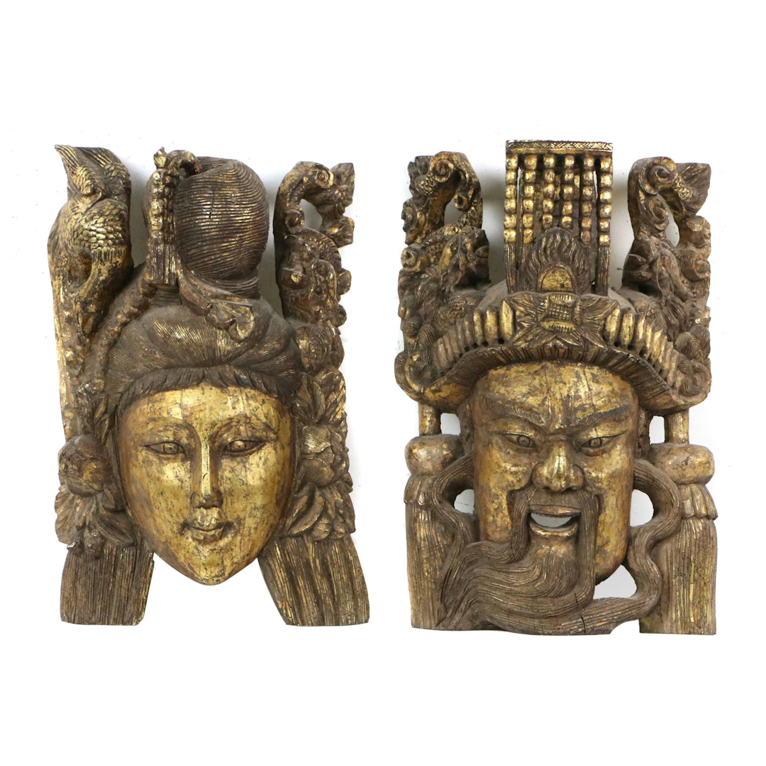 Southeast Asian Carved Wood Parcel Gilt Guanyin and Guan Yu Wall Masks
