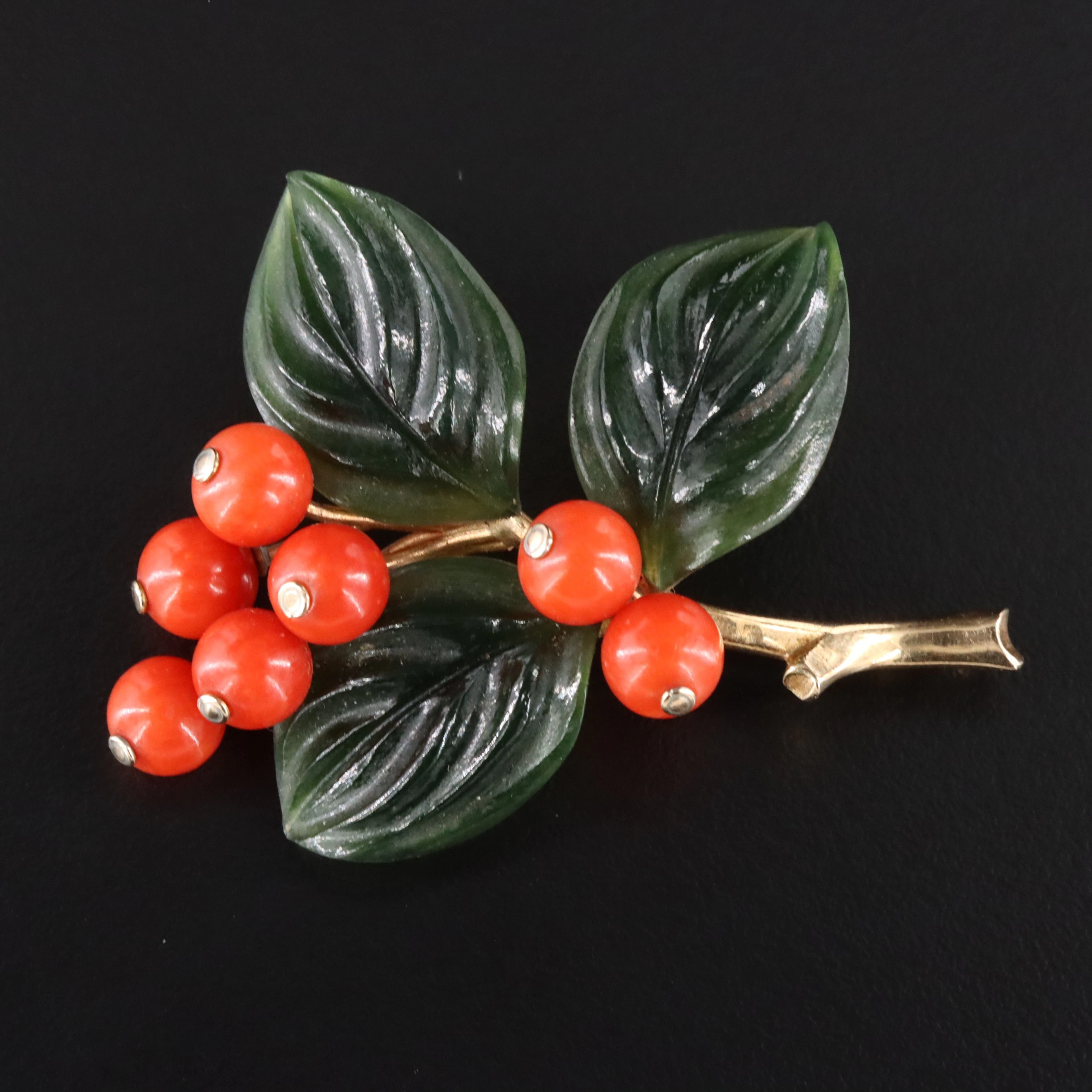 Vintage Austrian 14K Coral and Nephrite Berry Brooch