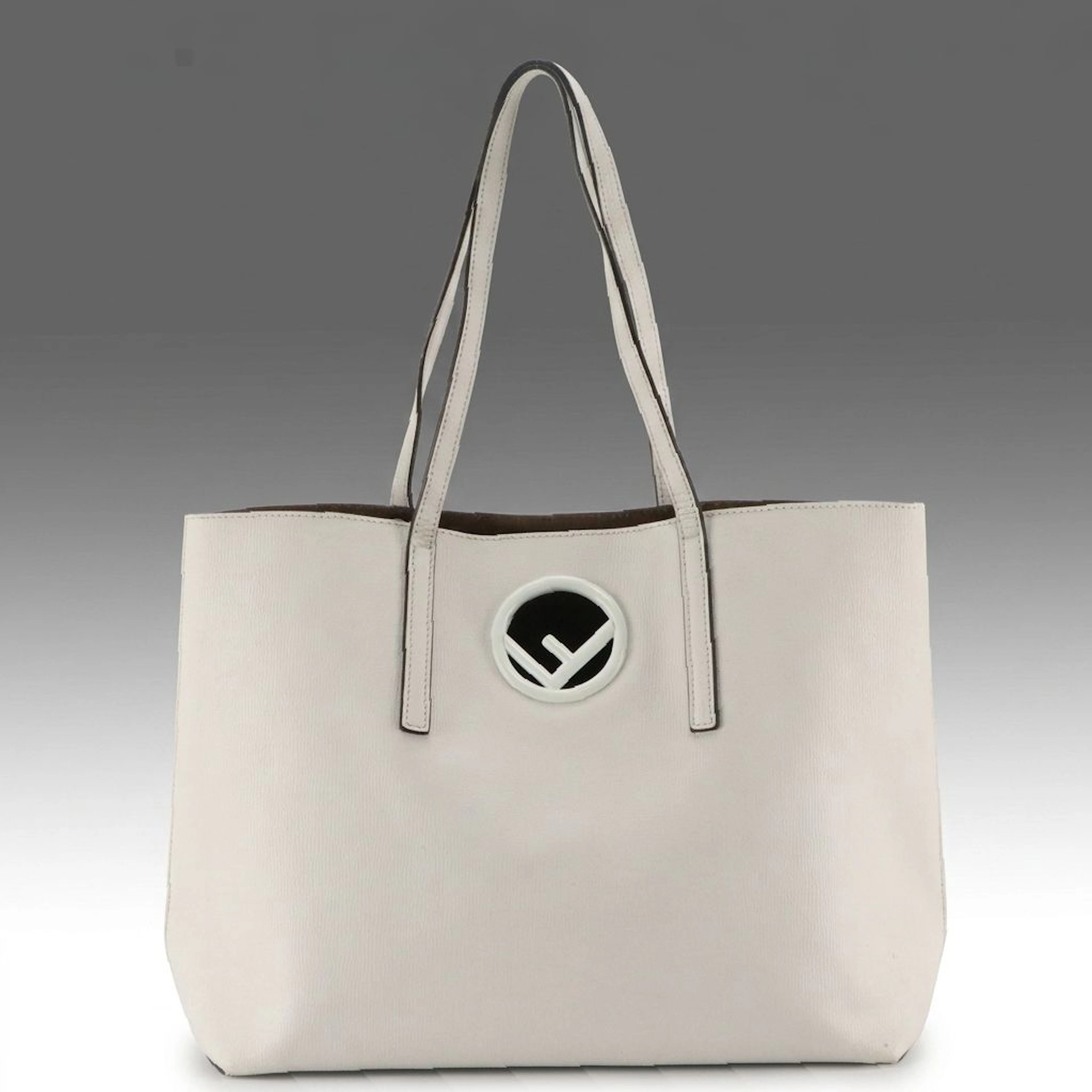 Fendi White Grain Leather Enamel F Logo Shopping Tote Bag