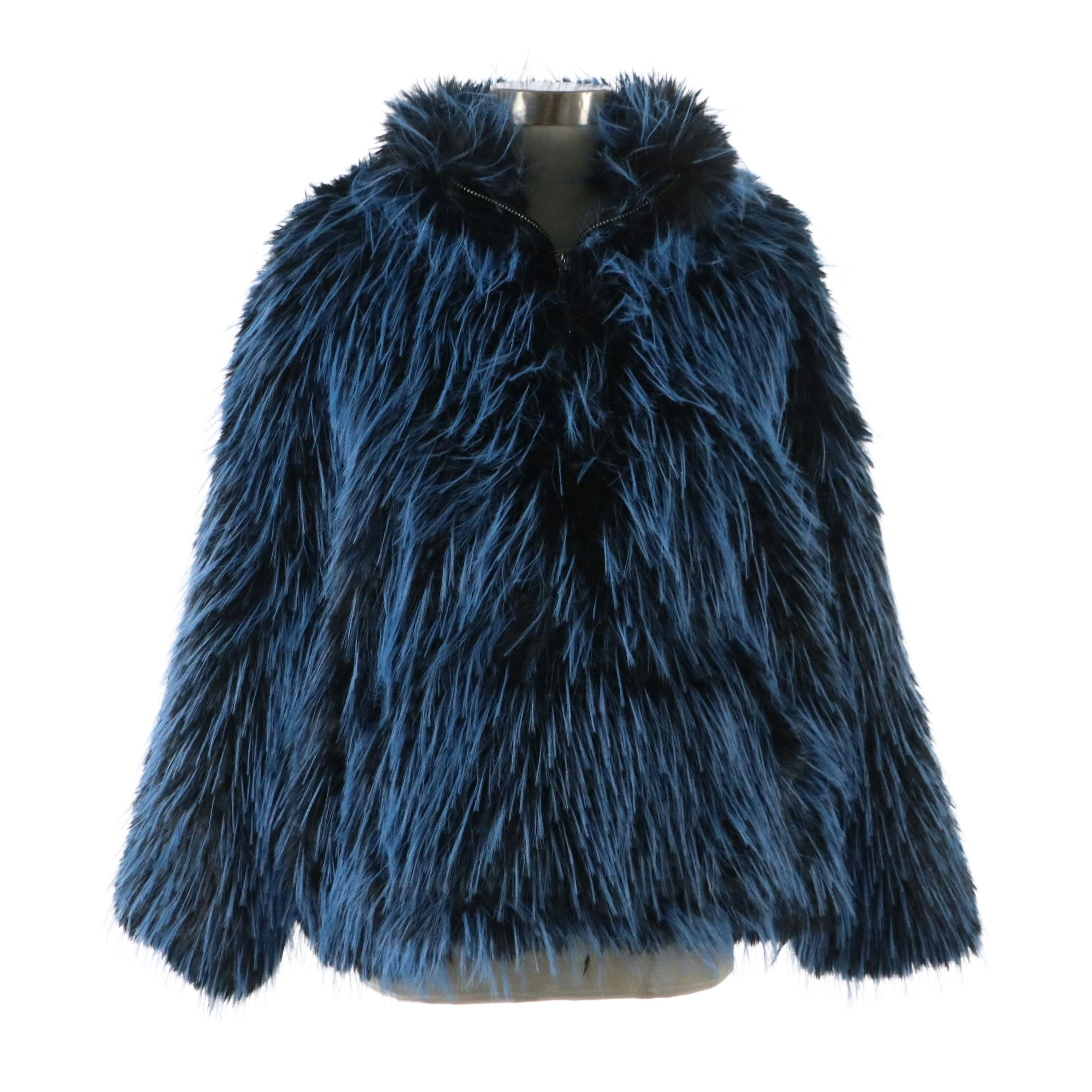 Nasty Gal Blue/Black Multi Faux Fur Quarter-Zip Jacket, With Tag