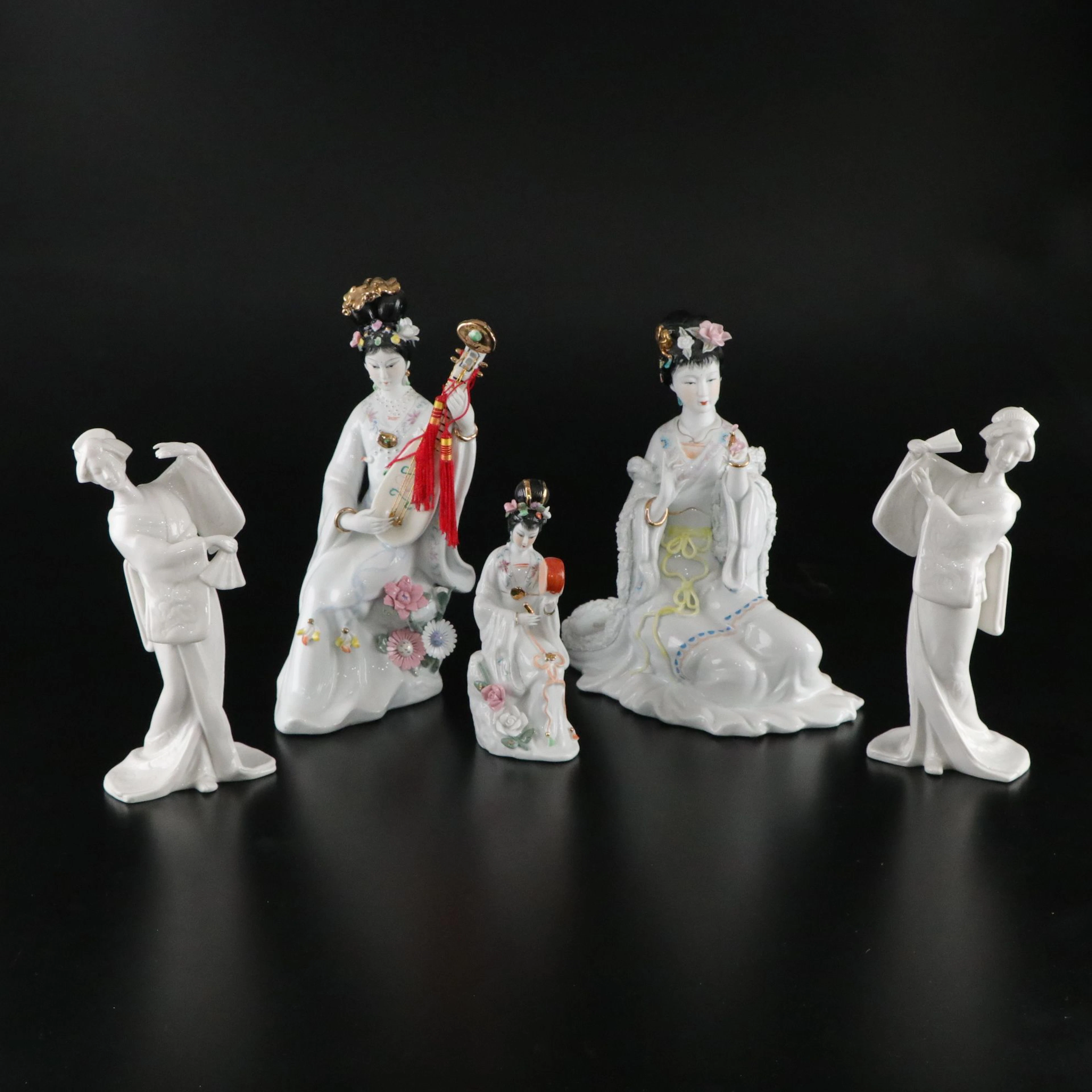 Chinese Hand-Painted Porcelain Figurines with Japanese Geisha Figurine Dancers