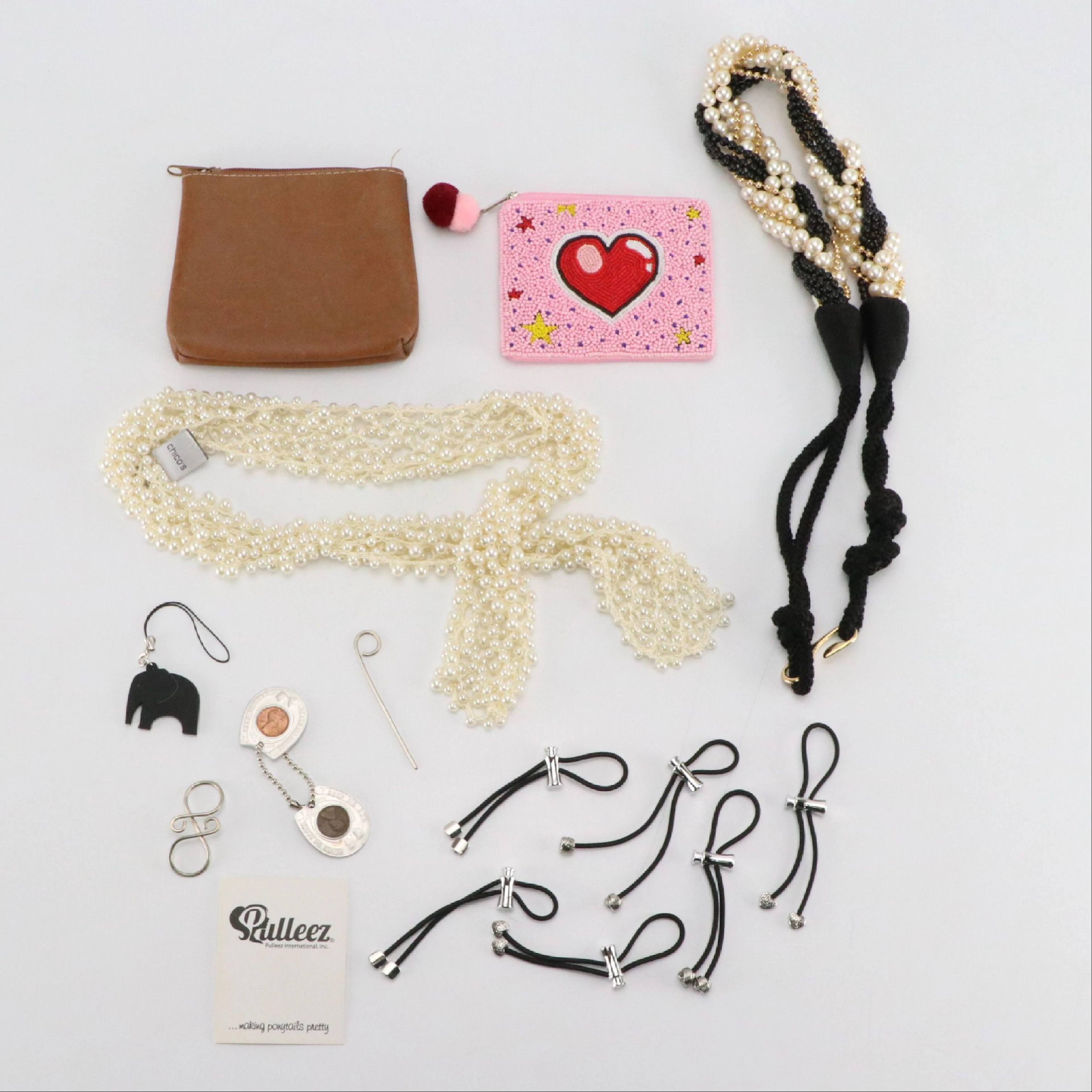 Beaded Heart Zip Pouch, Chico's Woven Faux-Pearl Scarf/Necklace and More