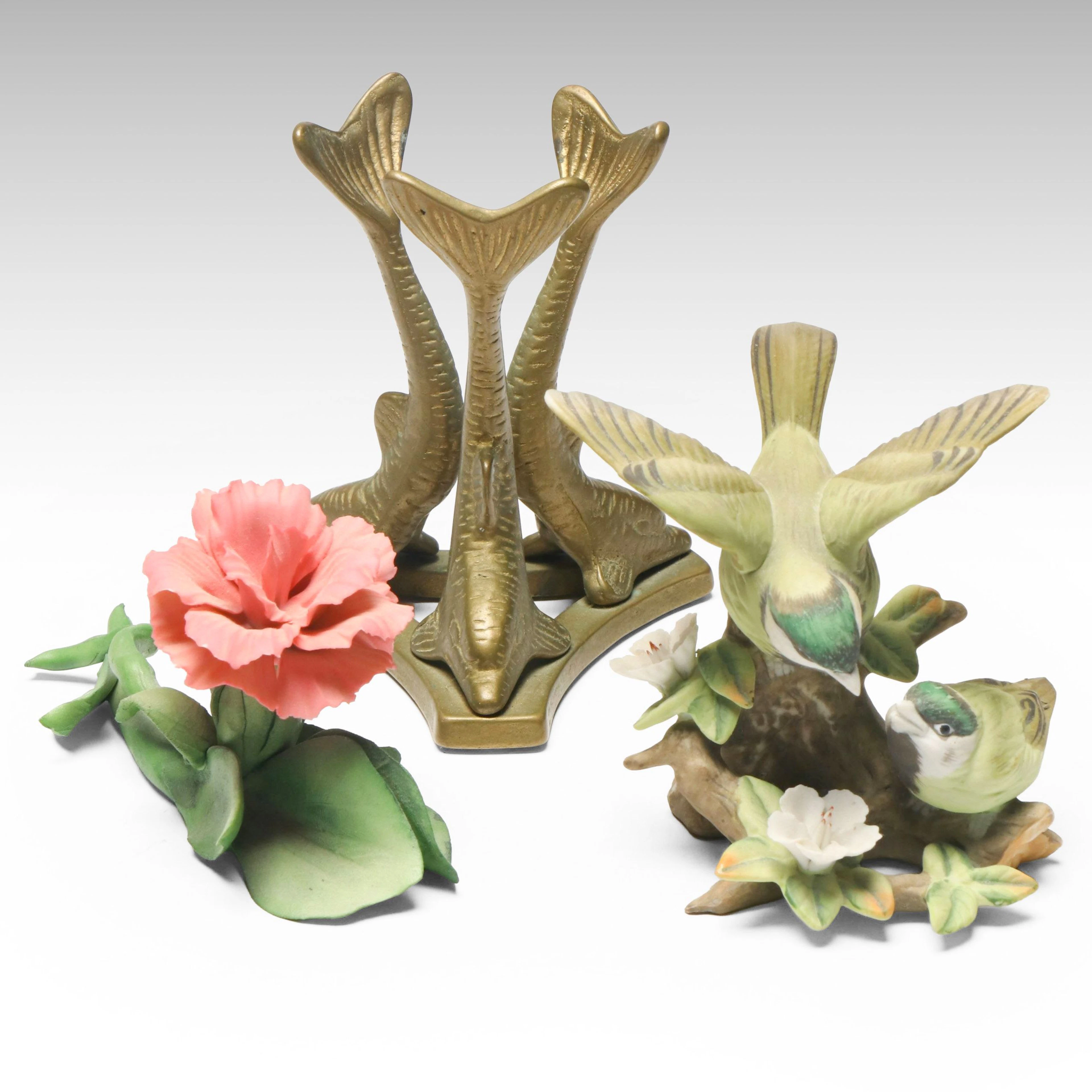 Hand-Painted Bisque Porcelain Figurines with Brass Dolphin Stand