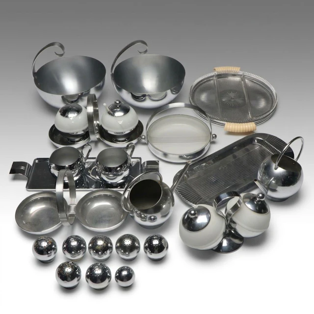 Chase Art Deco Metal Serveware and Other Table Accessories, 20th Century