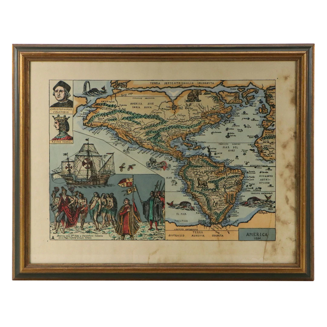 Hand-Colored Map Engraving of 16th Century Spanish Colonies, Early 20th Century
