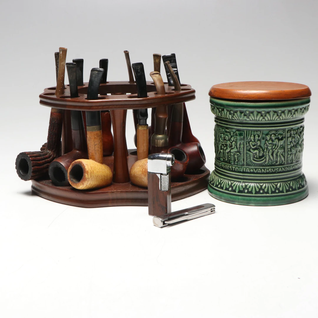 Marzi & Remy Ceramic Humidor and Walnut Carousel with Tobacco Pipes