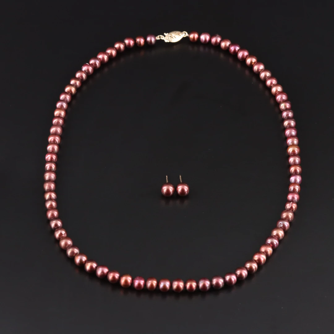 10K Pearl Necklace and Earrings