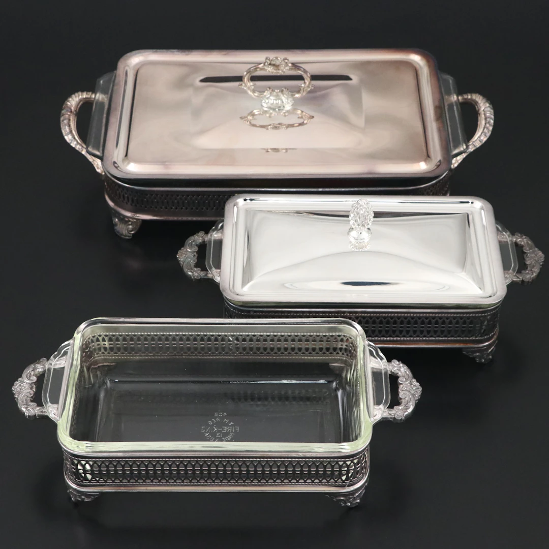 Silver Plate Chafing Dishes with Glass Inserts, Mid to Late 20th Century