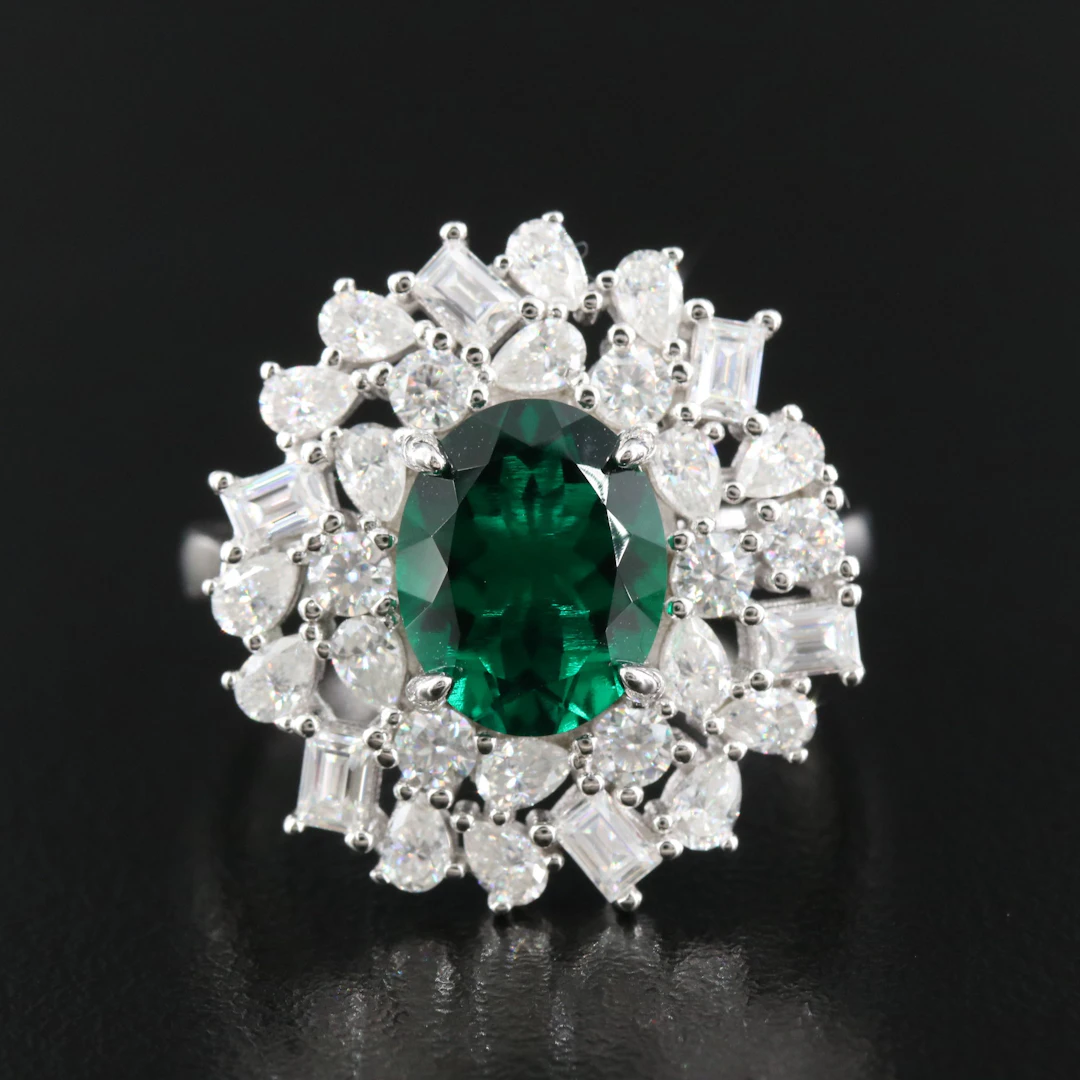 Sterling Emerald and Moissanite Ring