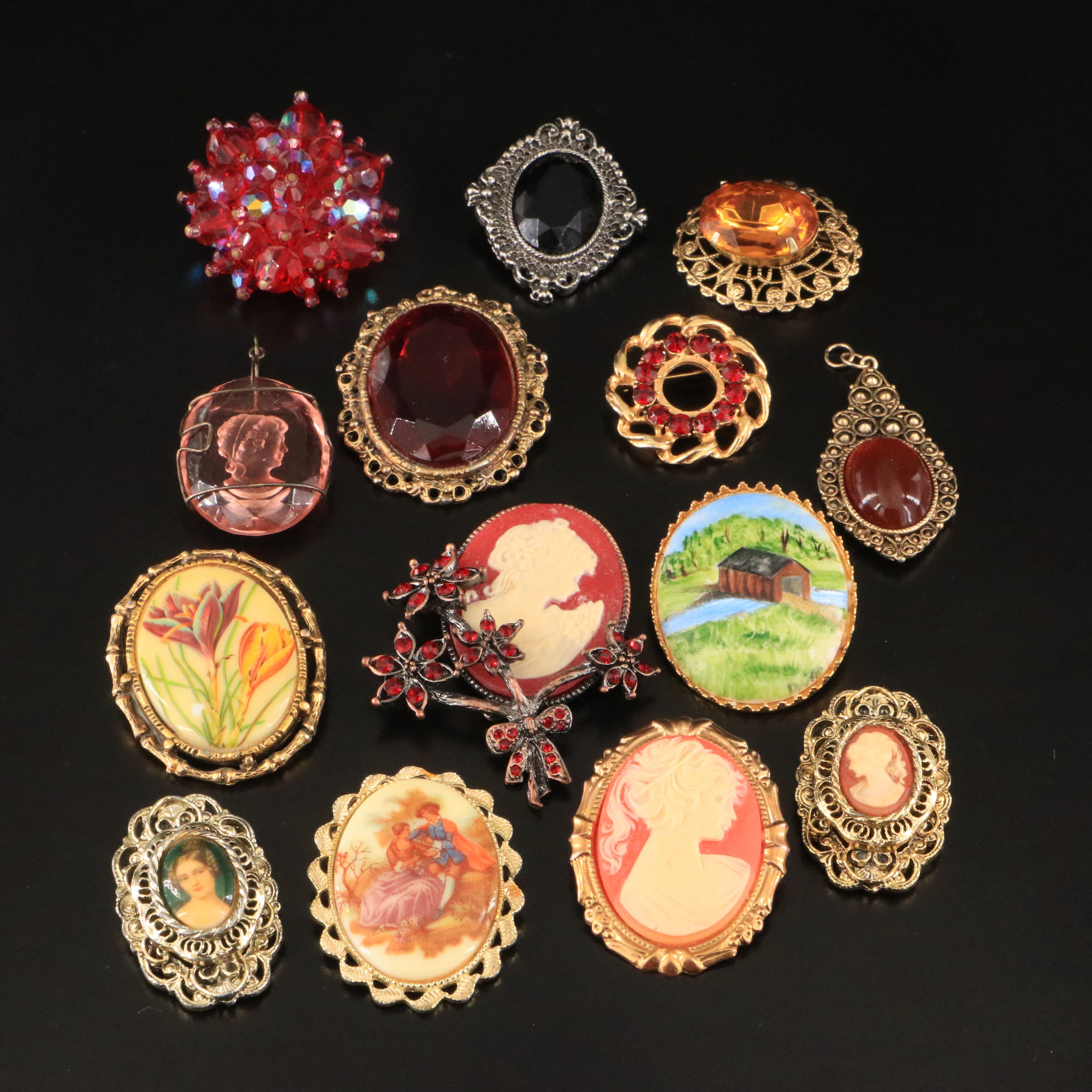 Cameos, Portrait and Hand-Painted Landscape in Brooch Collection