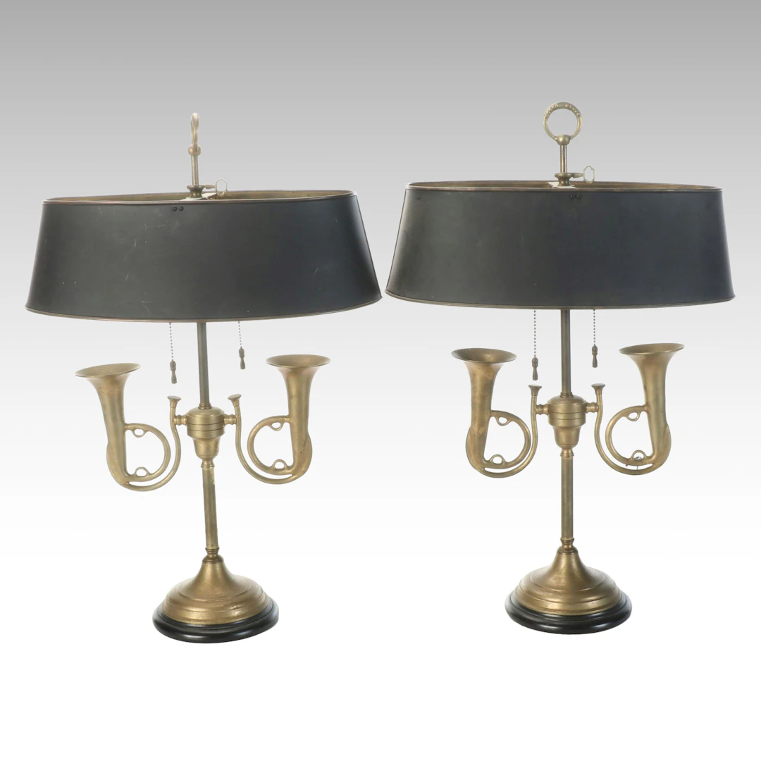 Pair of Brass French Horn Bouillotte Table Lamps with Tole Shades
