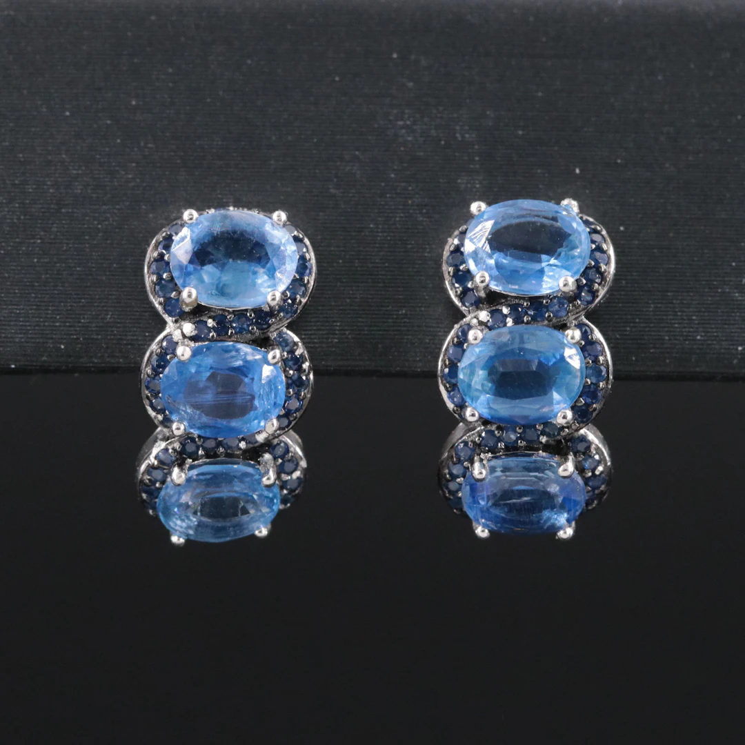 Sterling Sapphire and Filled Corundum Half Hoop Earrings
