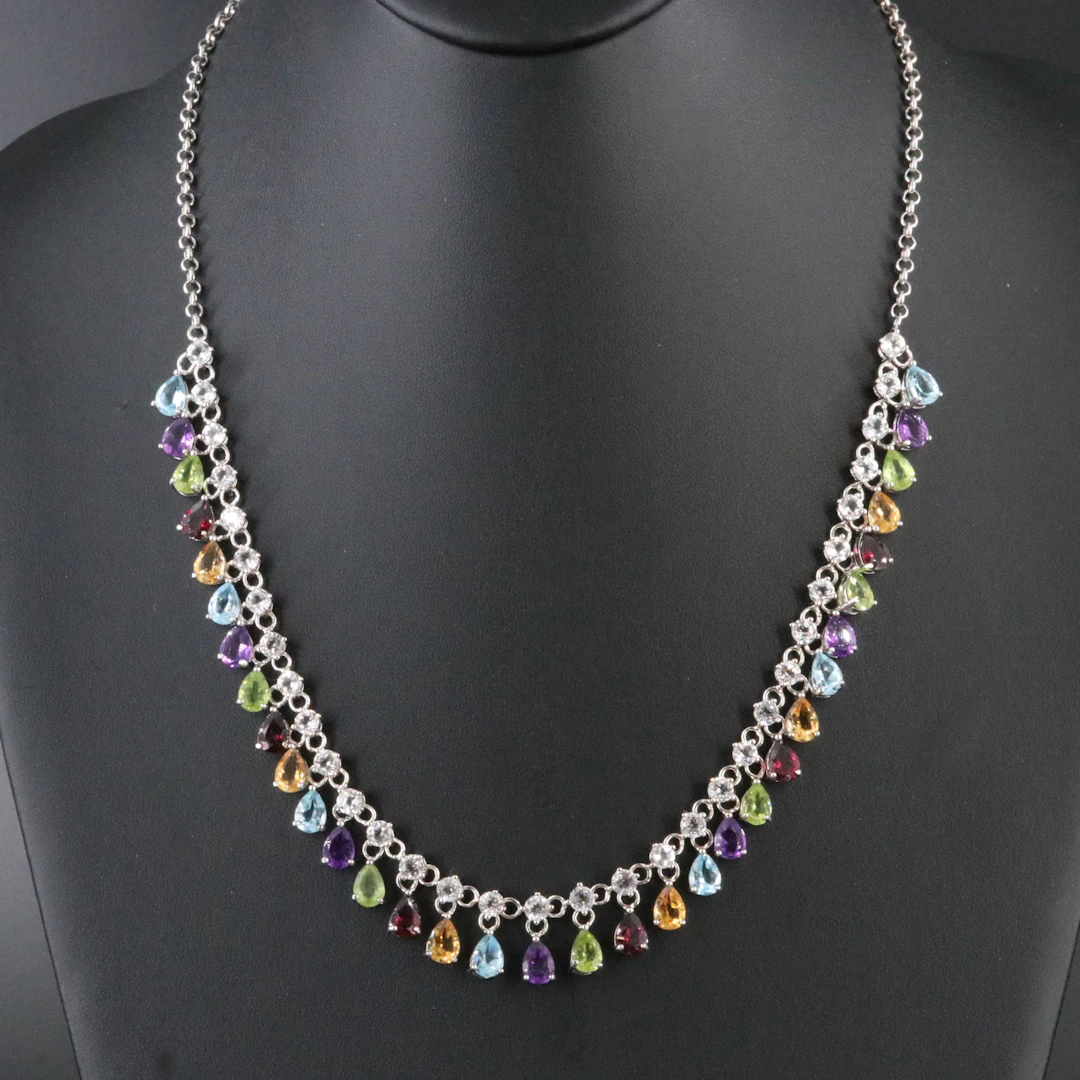 Sterling Gemstone Fringe Necklace with White & Blue Topaz, Amethyst and Citrine