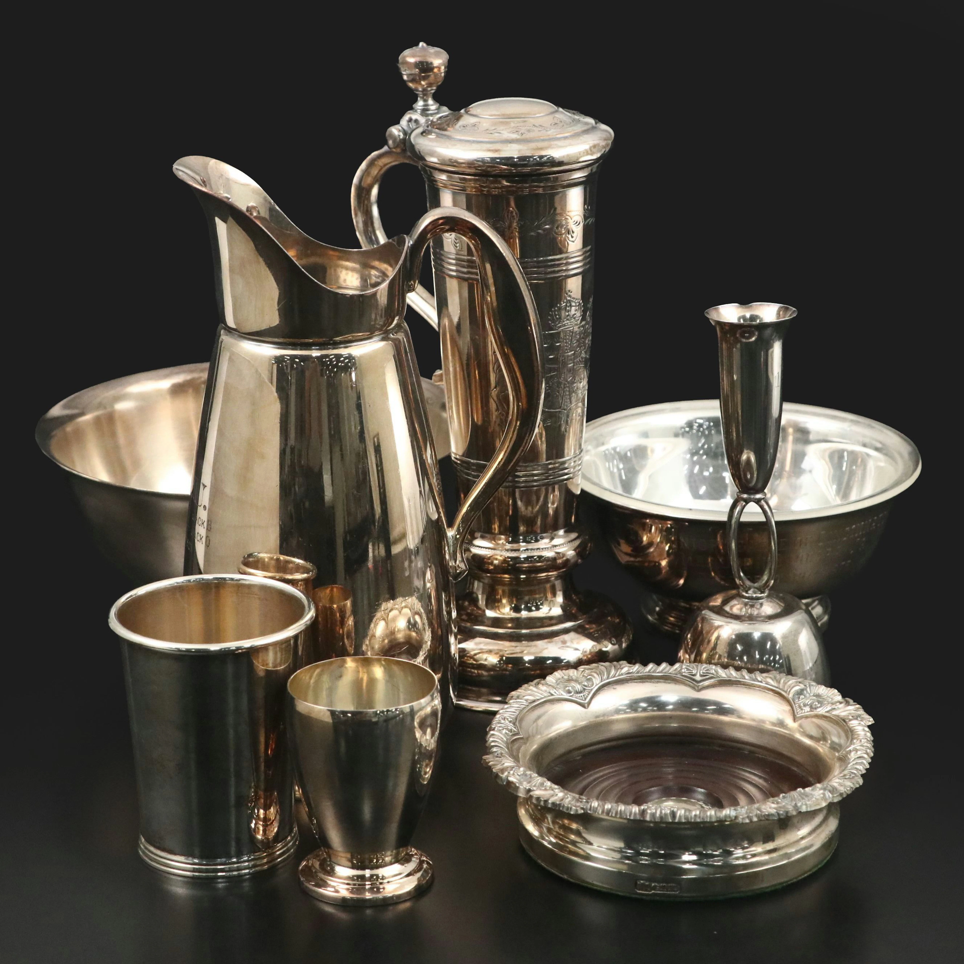 Silver Plate Bar Accessories with Commemorative Bowls and Cups