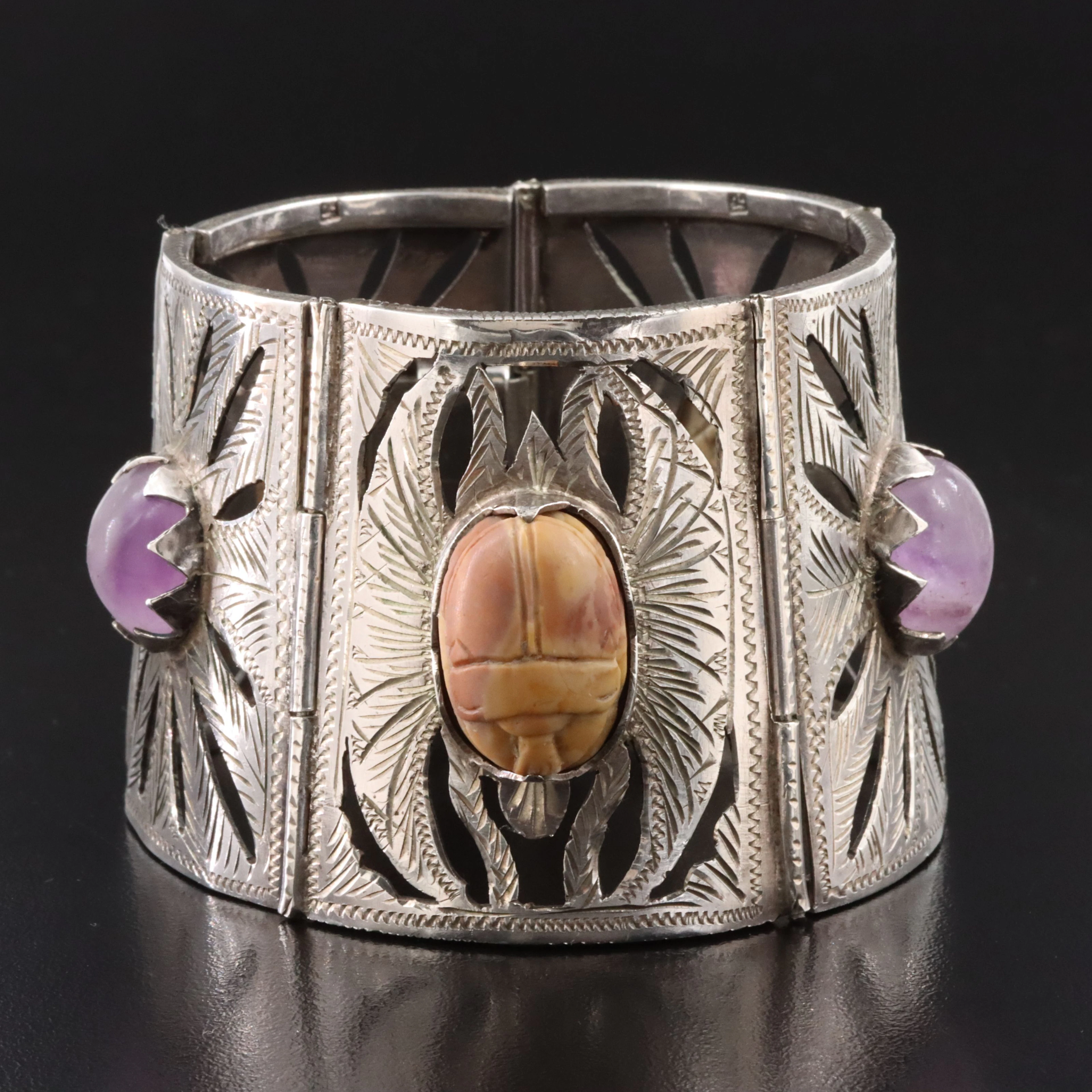 Egyptian Revival 900 Silver Jasper Scarab & Amethyst Palm Panel Bracelet
