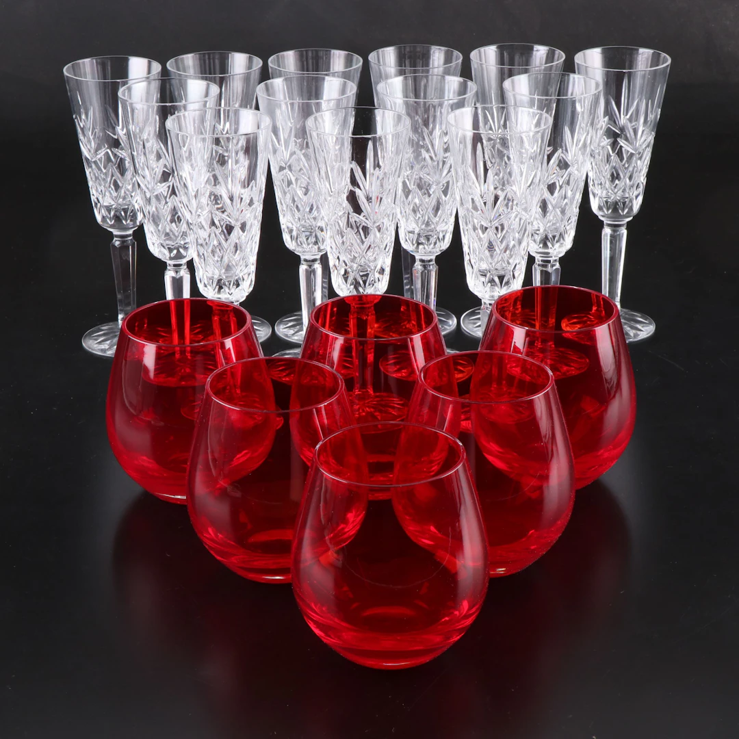 Lenox Crystal Champagne Flutes with Other Red Stemless Wine Glasses