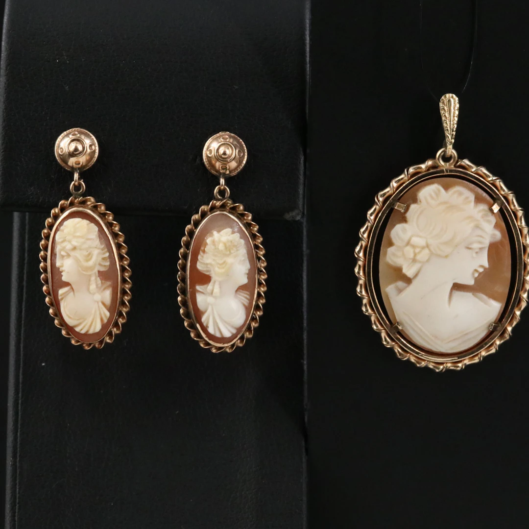 Vintage 10K Cameo Pendant and Earrings