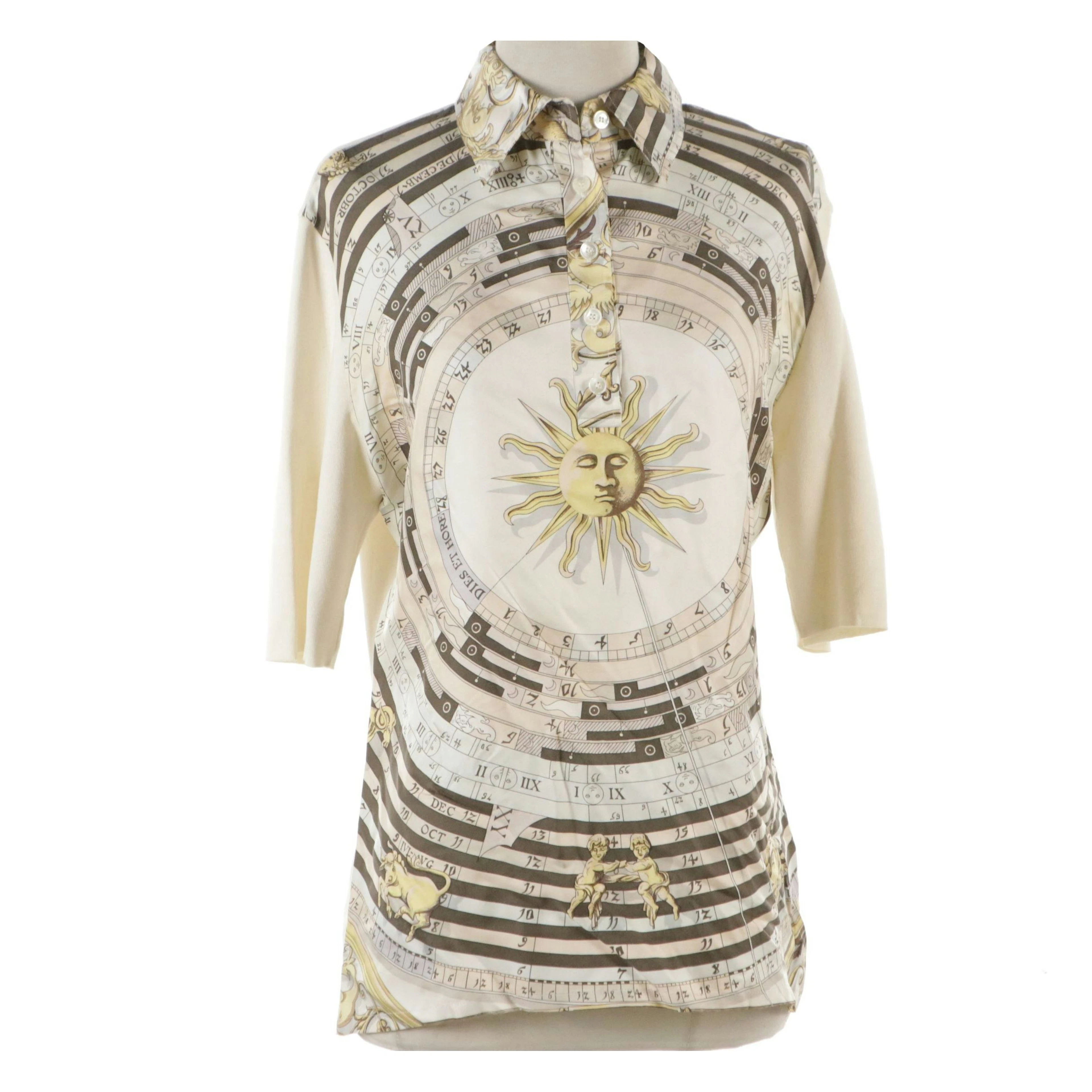 Hermès "Astrologie - Dies et Hore" Polo Shirt in Silk Twill and Cotton Knit
