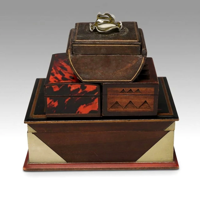 Paul Frankl Style Art Deco Box with Tramp Art and Other Boxes, 20th Century